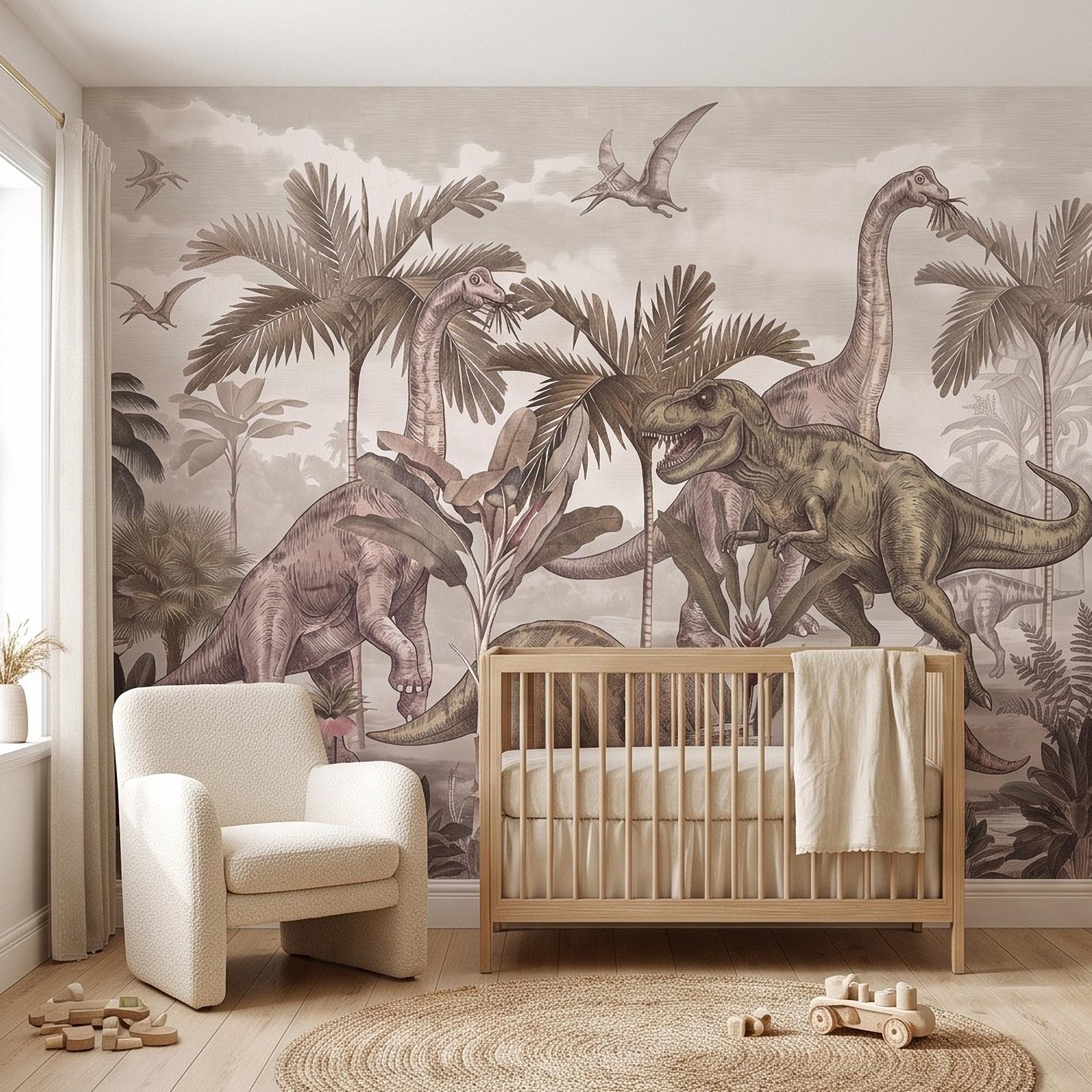 Prehistoric Dinosaur Peel and Stick Wall Mural, Vintage Jurassic T Rex Triceratops Brachiosaurus Landscape Wallpaper