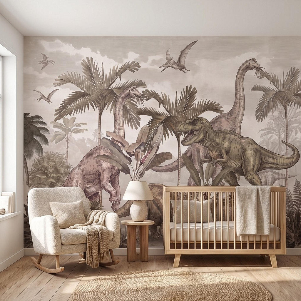 Prehistoric Dinosaur Peel and Stick Wall Mural, Vintage Jurassic T Rex Triceratops Brachiosaurus Landscape Wallpaper