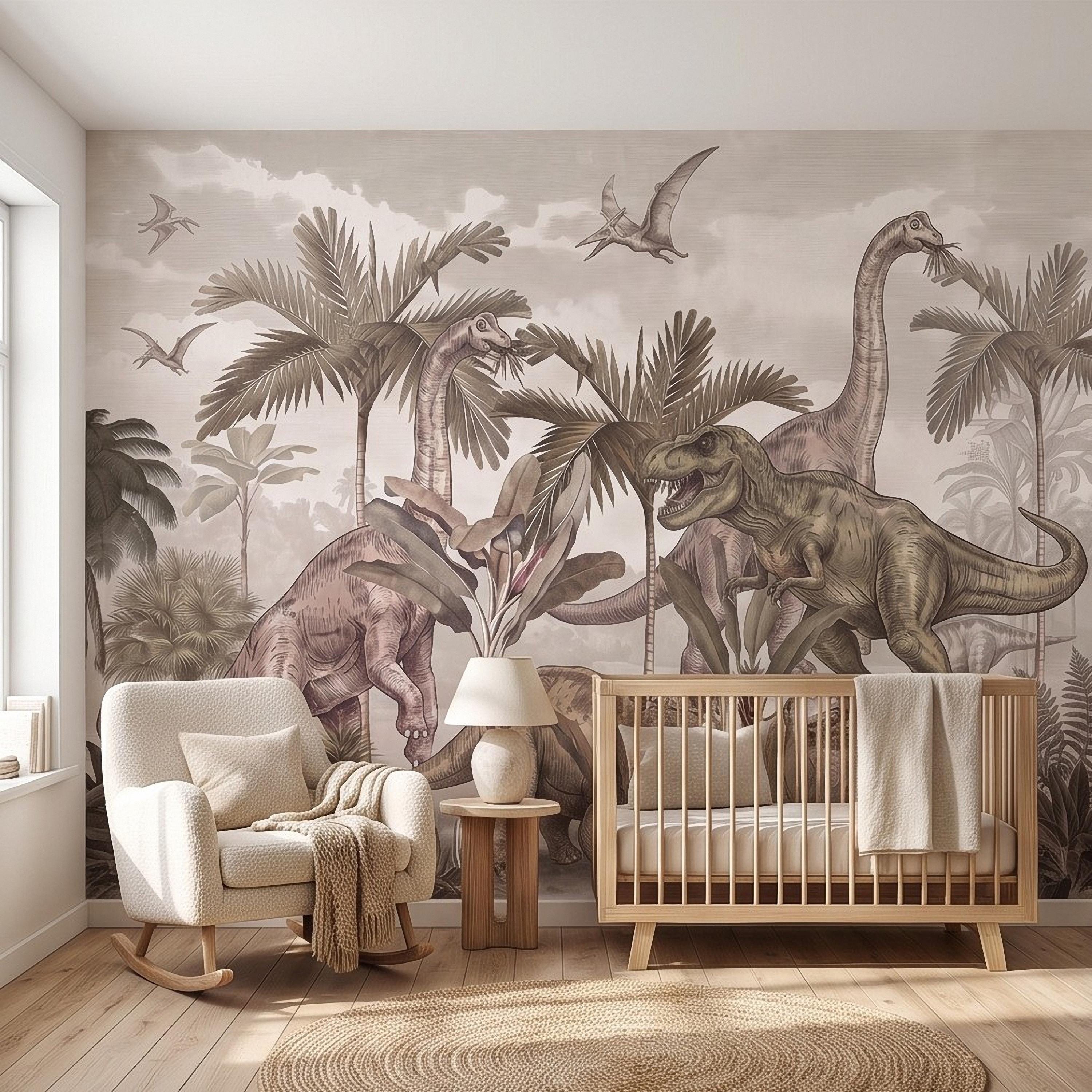 Prehistoric Dinosaur Peel and Stick Wall Mural, Vintage Jurassic T Rex Triceratops Brachiosaurus Landscape Wallpaper