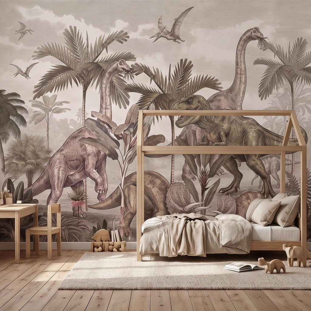Prehistoric Dinosaur Peel and Stick Wall Mural, Vintage Jurassic T Rex Triceratops Brachiosaurus Landscape Wallpaper