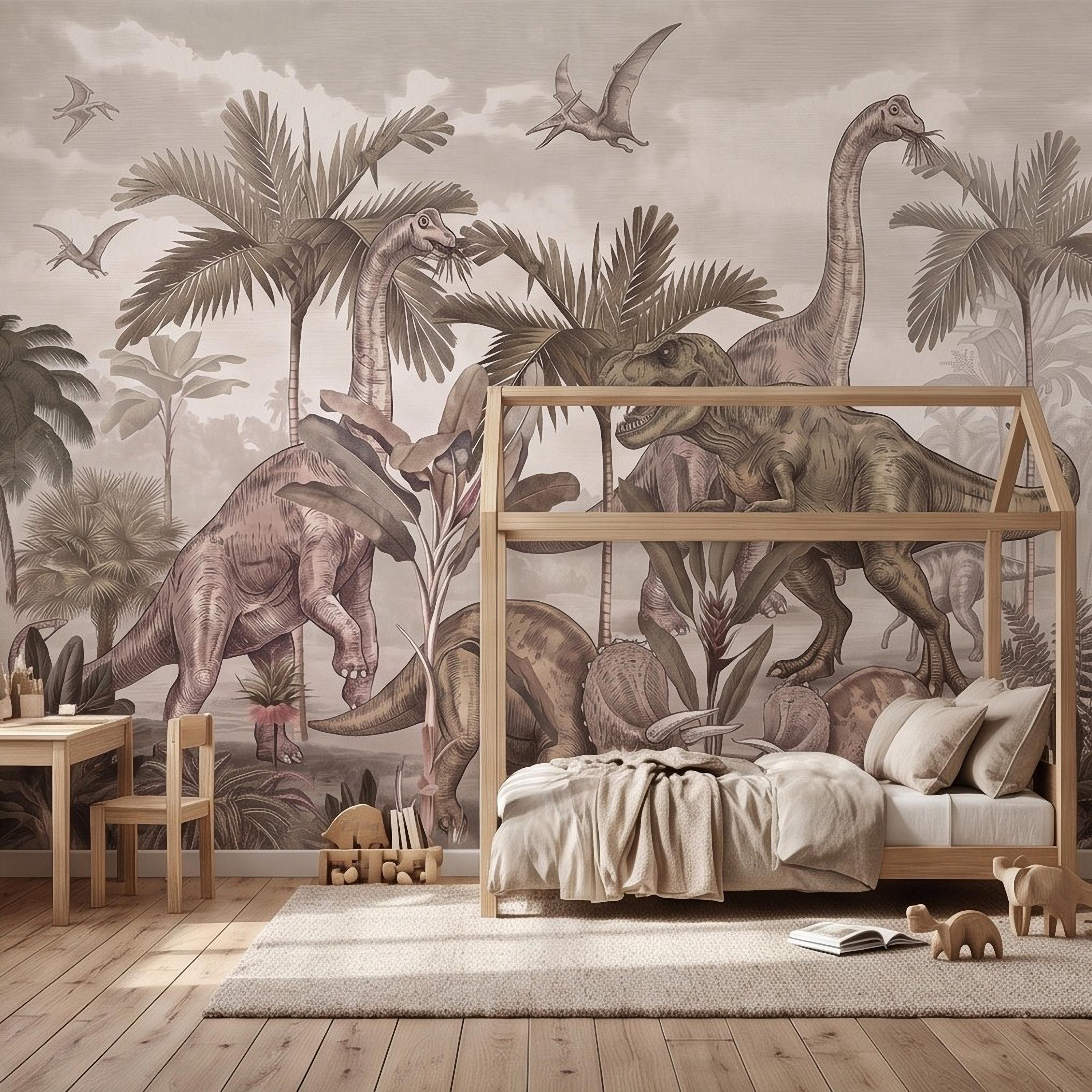 Prehistoric Dinosaur Peel and Stick Wall Mural, Vintage Jurassic T Rex Triceratops Brachiosaurus Landscape Wallpaper