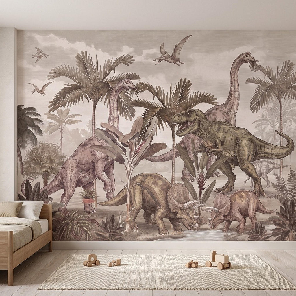 Prehistoric Dinosaur Peel and Stick Wall Mural, Vintage Jurassic T Rex Triceratops Brachiosaurus Landscape Wallpaper