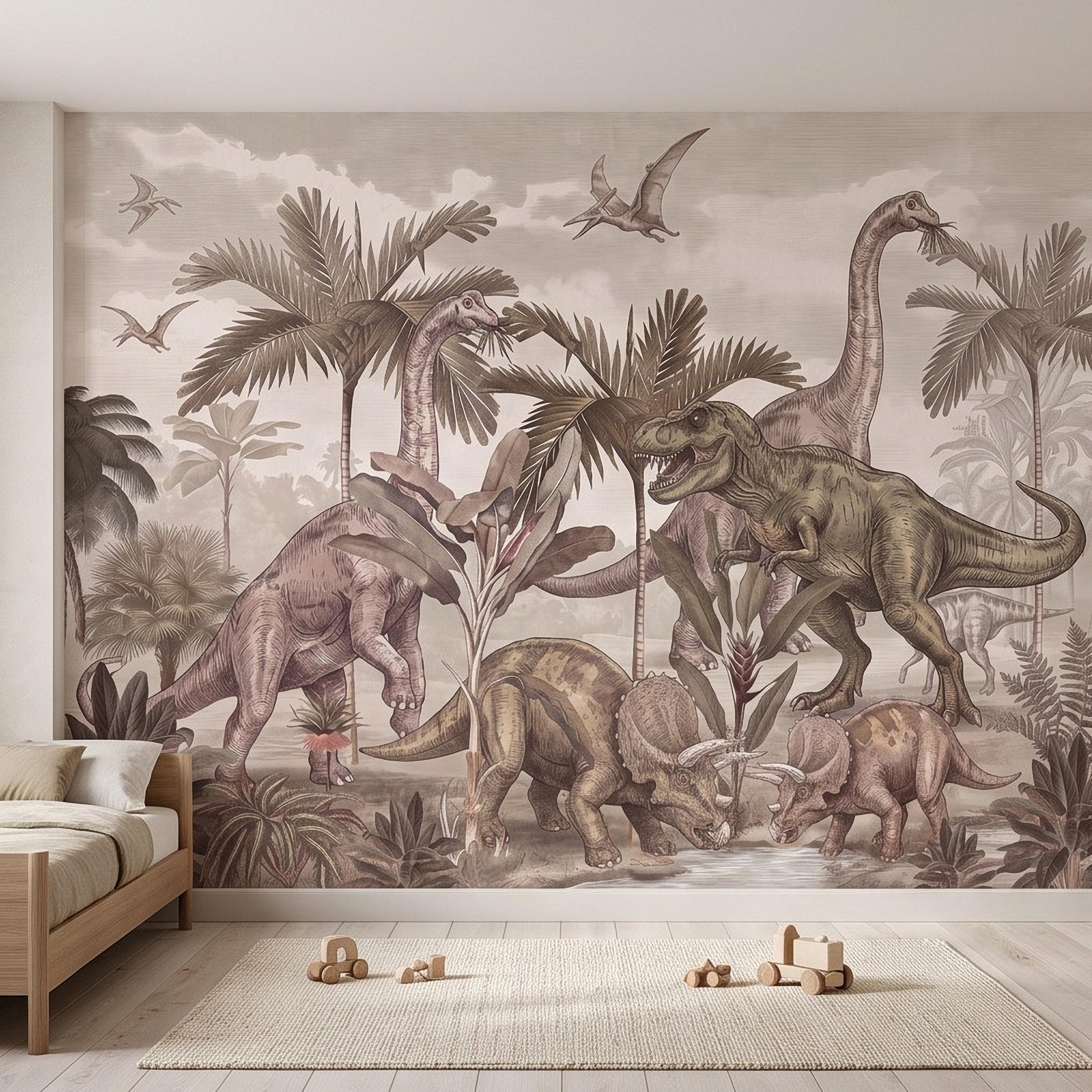 Prehistoric Dinosaur Peel and Stick Wall Mural, Vintage Jurassic T Rex Triceratops Brachiosaurus Landscape Wallpaper