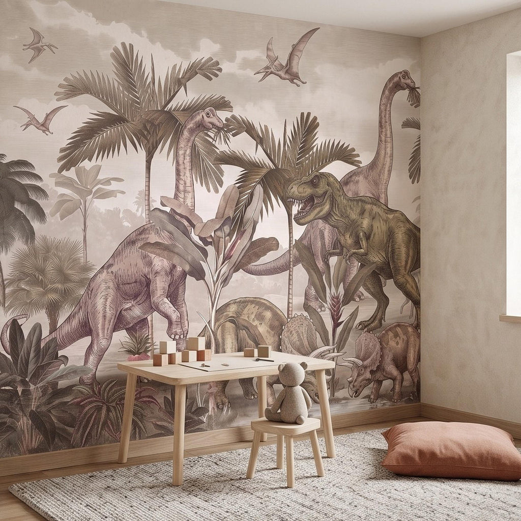 Prehistoric Dinosaur Peel and Stick Wall Mural, Vintage Jurassic T Rex Triceratops Brachiosaurus Landscape Wallpaper