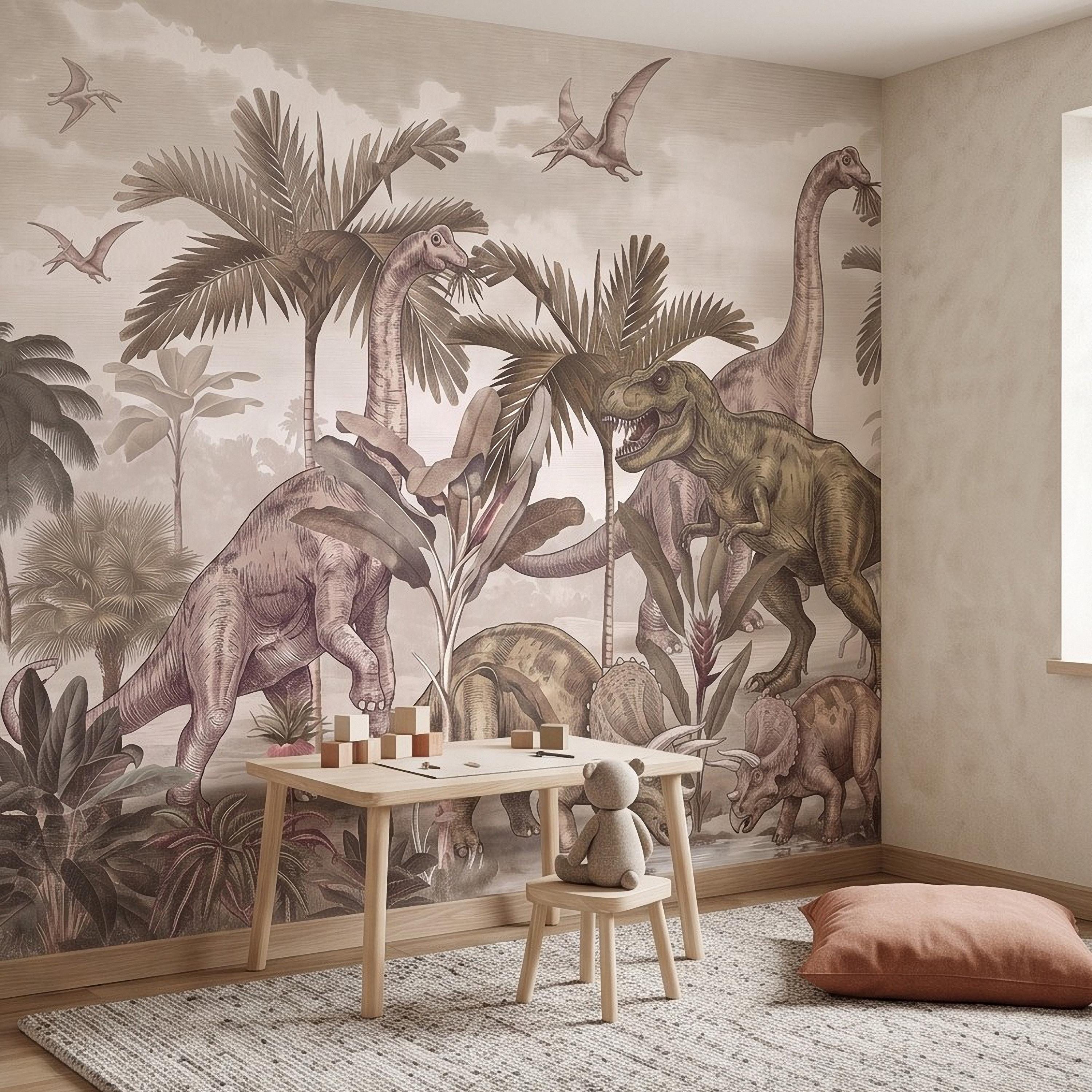 Prehistoric Dinosaur Peel and Stick Wall Mural, Vintage Jurassic T Rex Triceratops Brachiosaurus Landscape Wallpaper