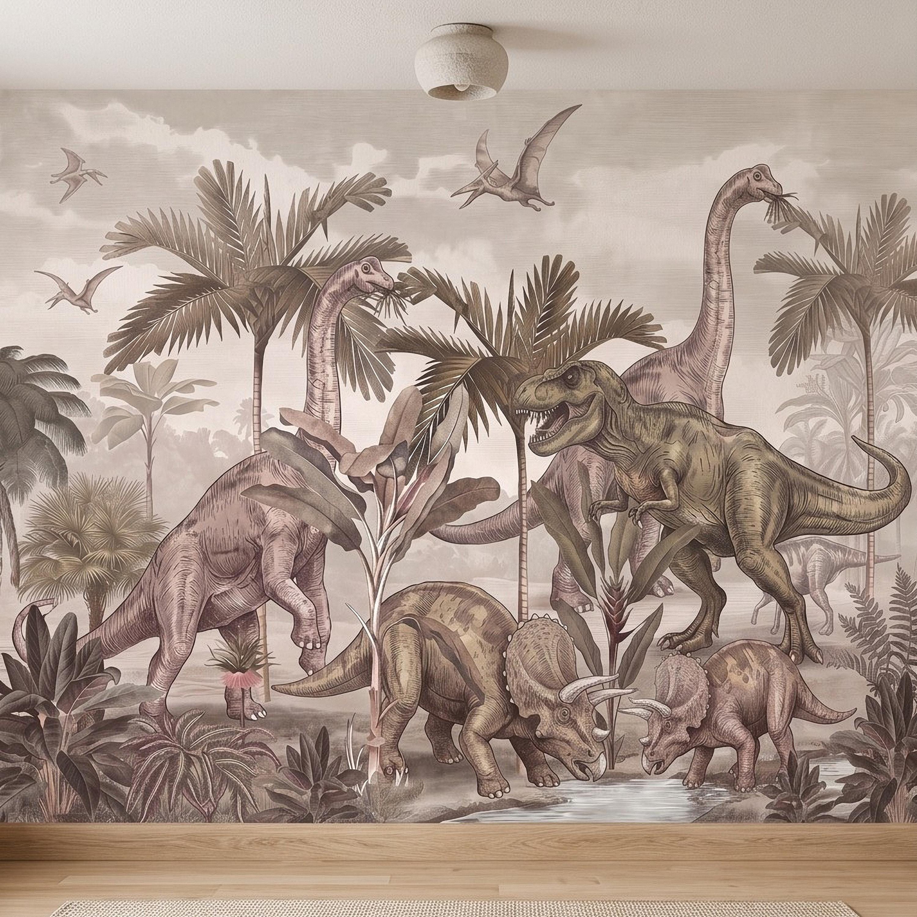 Prehistoric Dinosaur Peel and Stick Wall Mural, Vintage Jurassic T Rex Triceratops Brachiosaurus Landscape Wallpaper