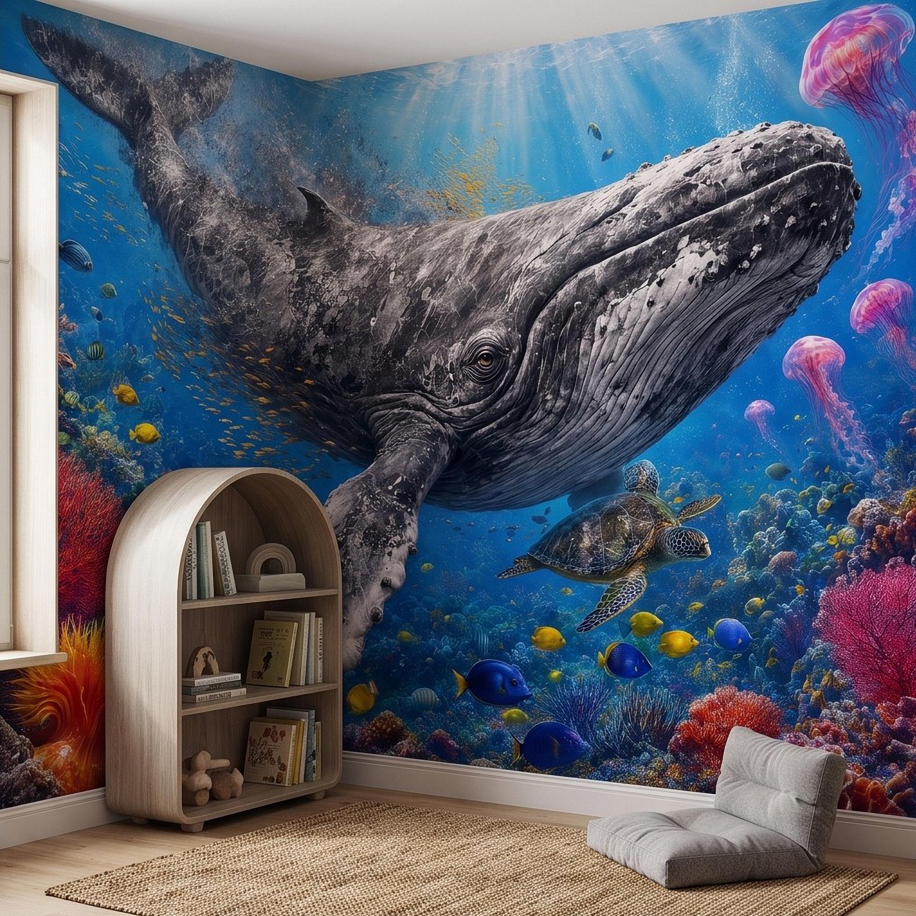 Humpback Whale Peel and Stick Wall Mural, Tropical Coral Reef Sea Turtle Jellyfish Underwater Ocean Life Wallpaper
