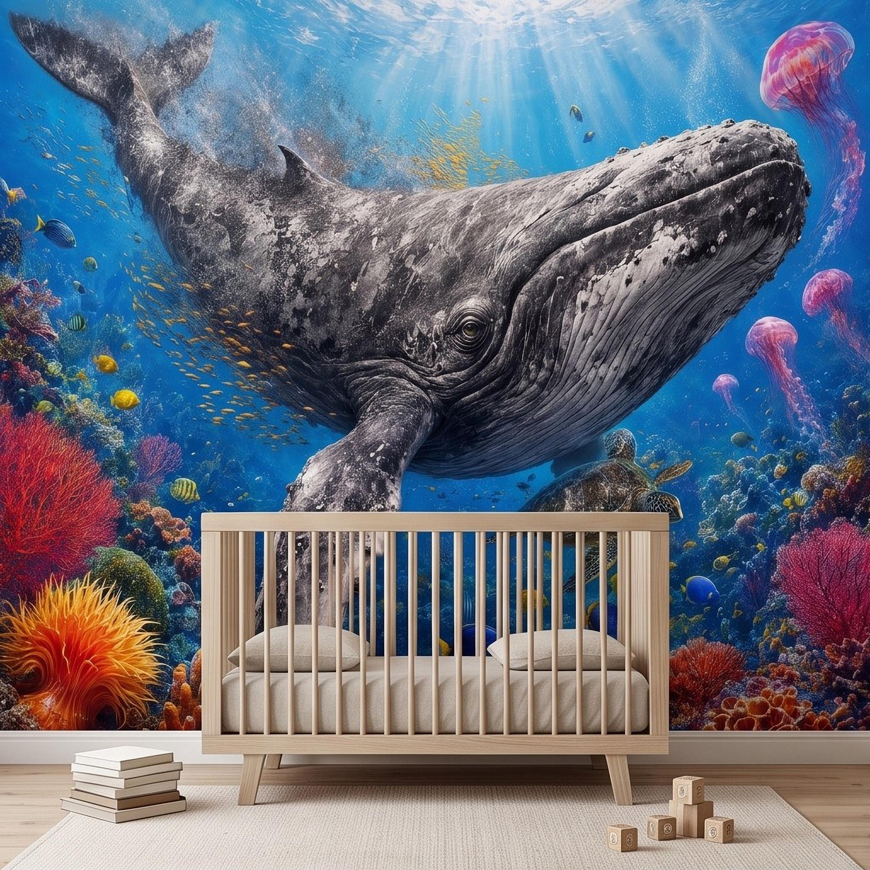Humpback Whale Peel and Stick Wall Mural, Tropical Coral Reef Sea Turtle Jellyfish Underwater Ocean Life Wallpaper