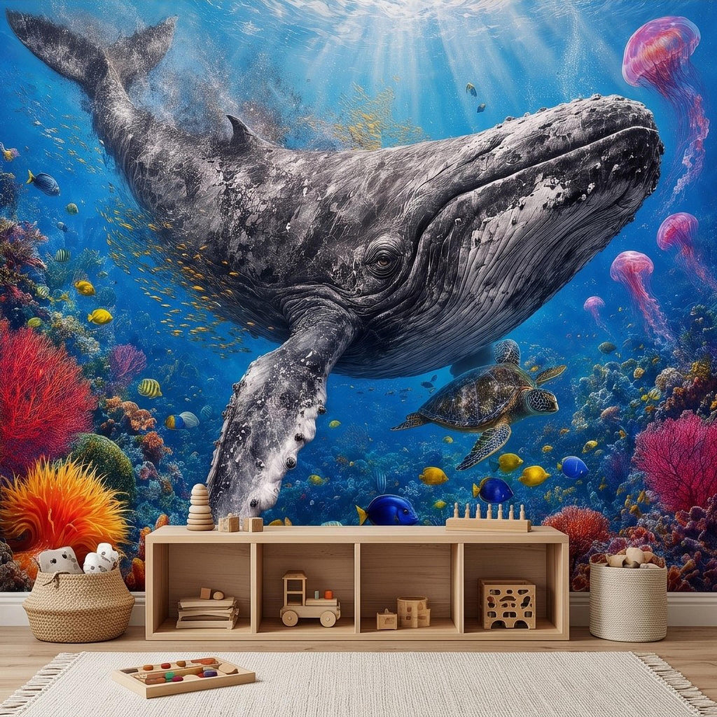 Humpback Whale Peel and Stick Wall Mural, Tropical Coral Reef Sea Turtle Jellyfish Underwater Ocean Life Wallpaper
