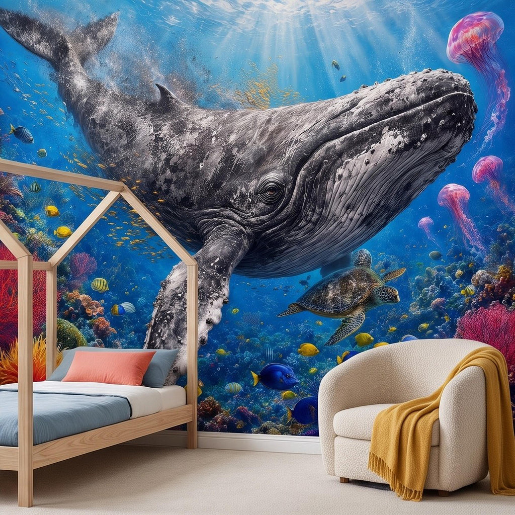 Humpback Whale Peel and Stick Wall Mural, Tropical Coral Reef Sea Turtle Jellyfish Underwater Ocean Life Wallpaper