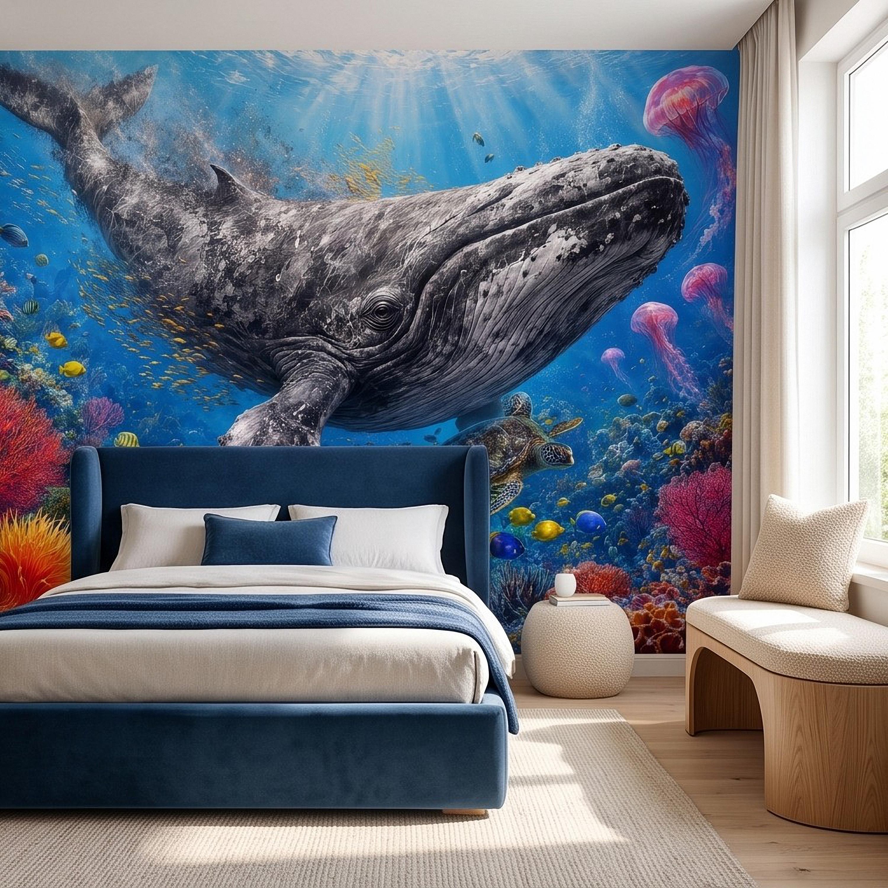 Humpback Whale Peel and Stick Wall Mural, Tropical Coral Reef Sea Turtle Jellyfish Underwater Ocean Life Wallpaper