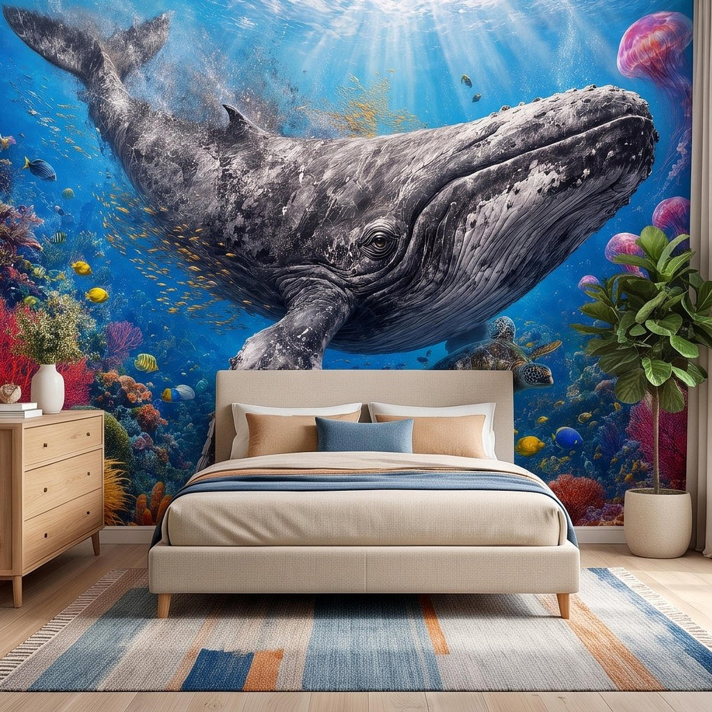 Humpback Whale Peel and Stick Wall Mural, Tropical Coral Reef Sea Turtle Jellyfish Underwater Ocean Life Wallpaper