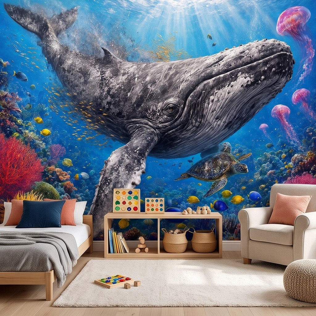 Humpback Whale Peel and Stick Wall Mural, Tropical Coral Reef Sea Turtle Jellyfish Underwater Ocean Life Wallpaper