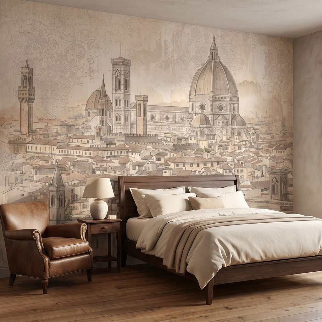 Florence Italy Peel and Stick Wall Mural, Duomo Cathedral Cityscape Vintage Architectural Sketch Tuscan Renaissance Wallpaper