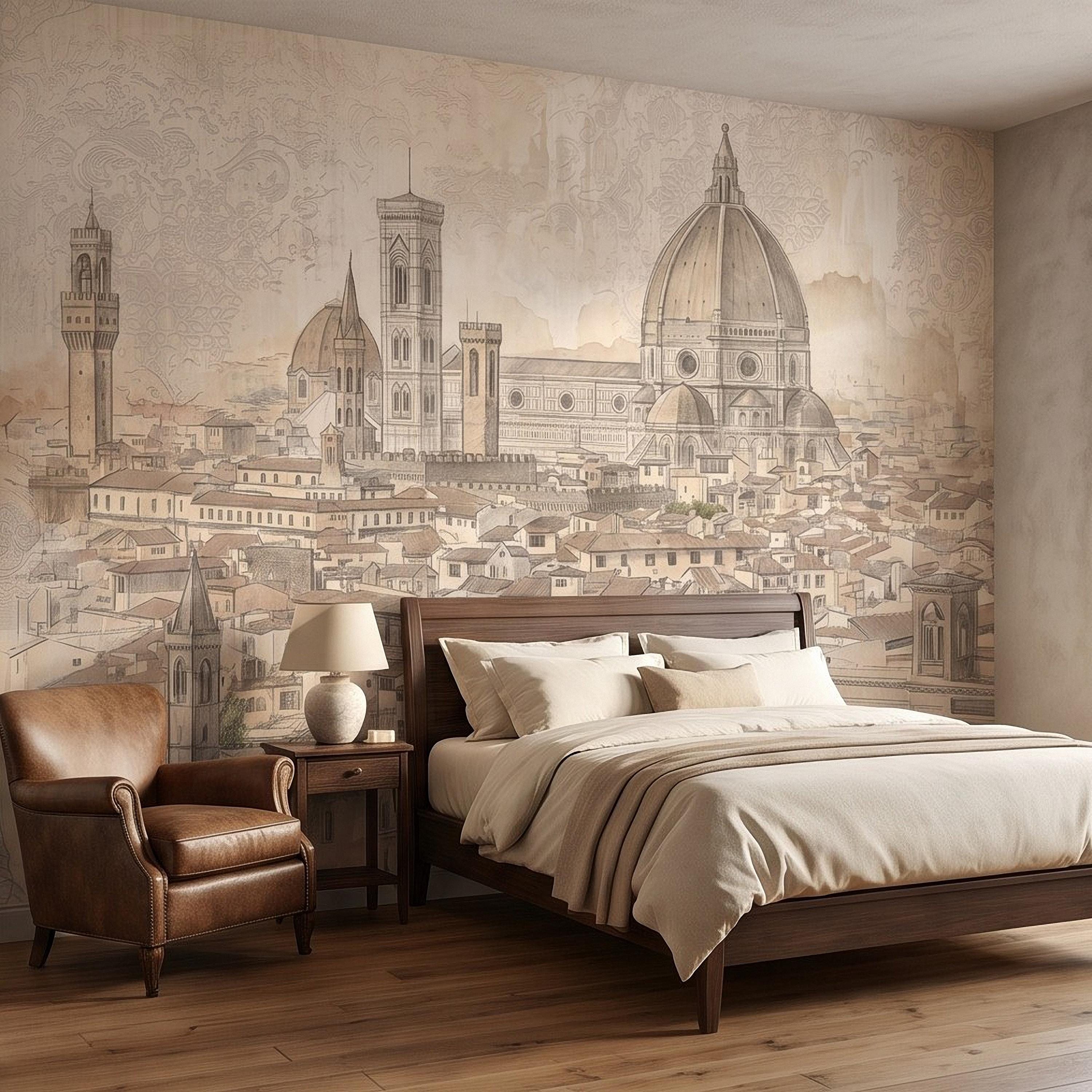 Florence Italy Peel and Stick Wall Mural, Duomo Cathedral Cityscape Vintage Architectural Sketch Tuscan Renaissance Wallpaper