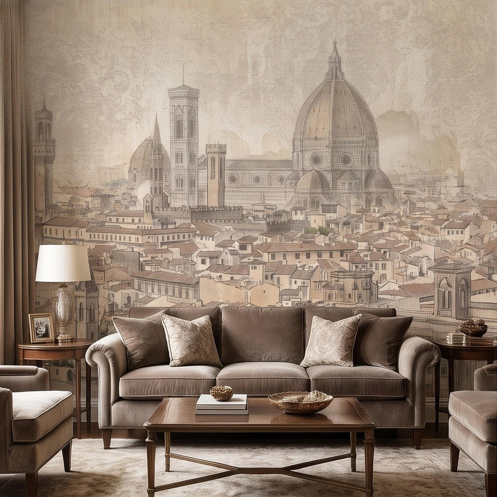 Florence Italy Peel and Stick Wall Mural, Duomo Cathedral Cityscape Vintage Architectural Sketch Tuscan Renaissance Wallpaper