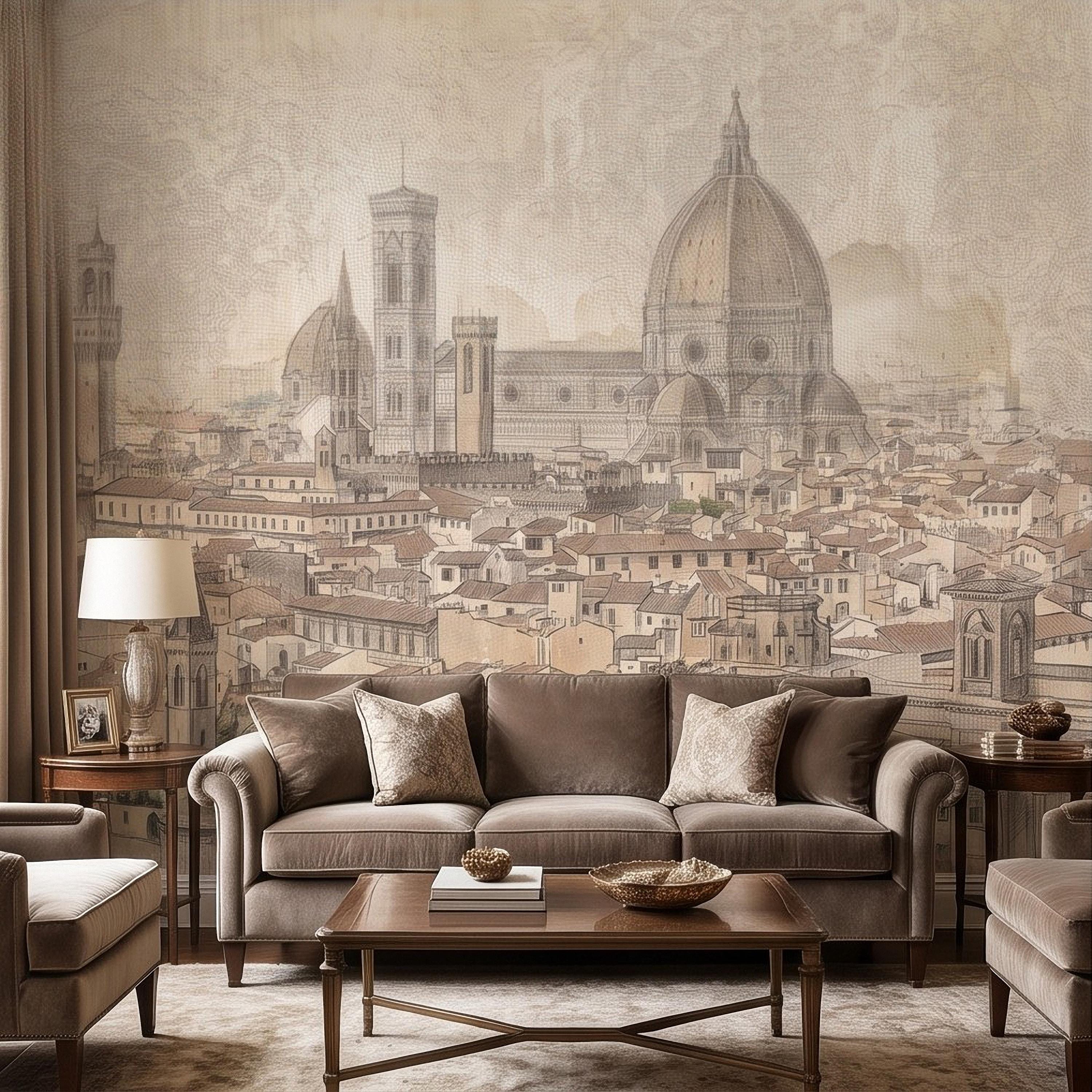 Florence Italy Peel and Stick Wall Mural, Duomo Cathedral Cityscape Vintage Architectural Sketch Tuscan Renaissance Wallpaper