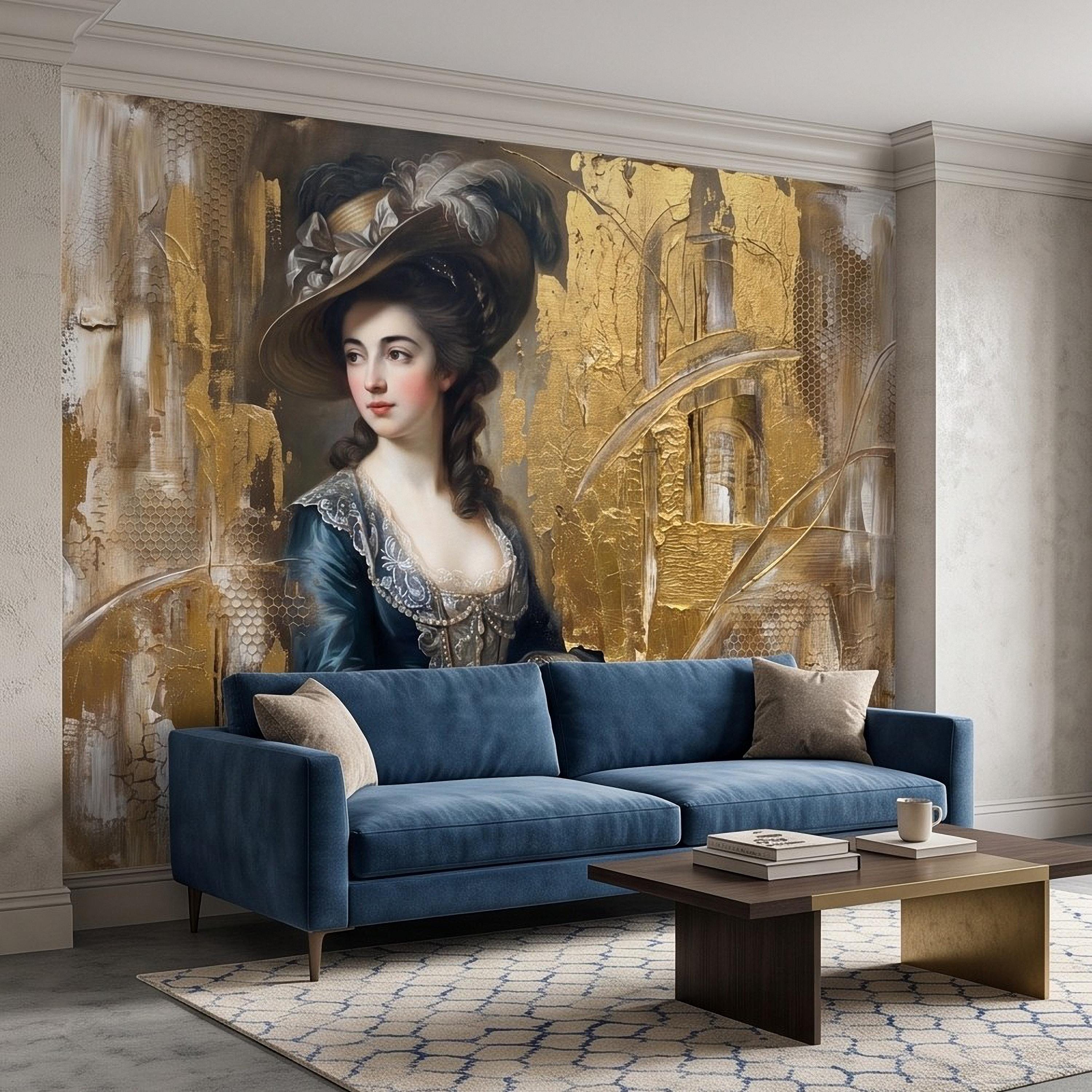 Vintage Portrait Peel and Stick Wall Mural, Elegant Victorian Lady Abstract Gold Accent Mixed Media Classic Wallpaper
