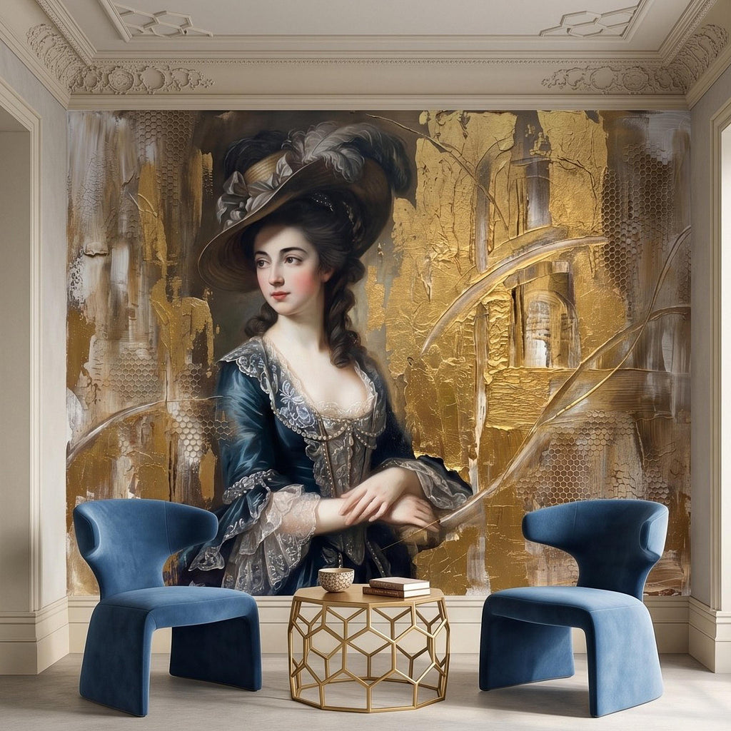 Vintage Portrait Peel and Stick Wall Mural, Elegant Victorian Lady Abstract Gold Accent Mixed Media Classic Wallpaper