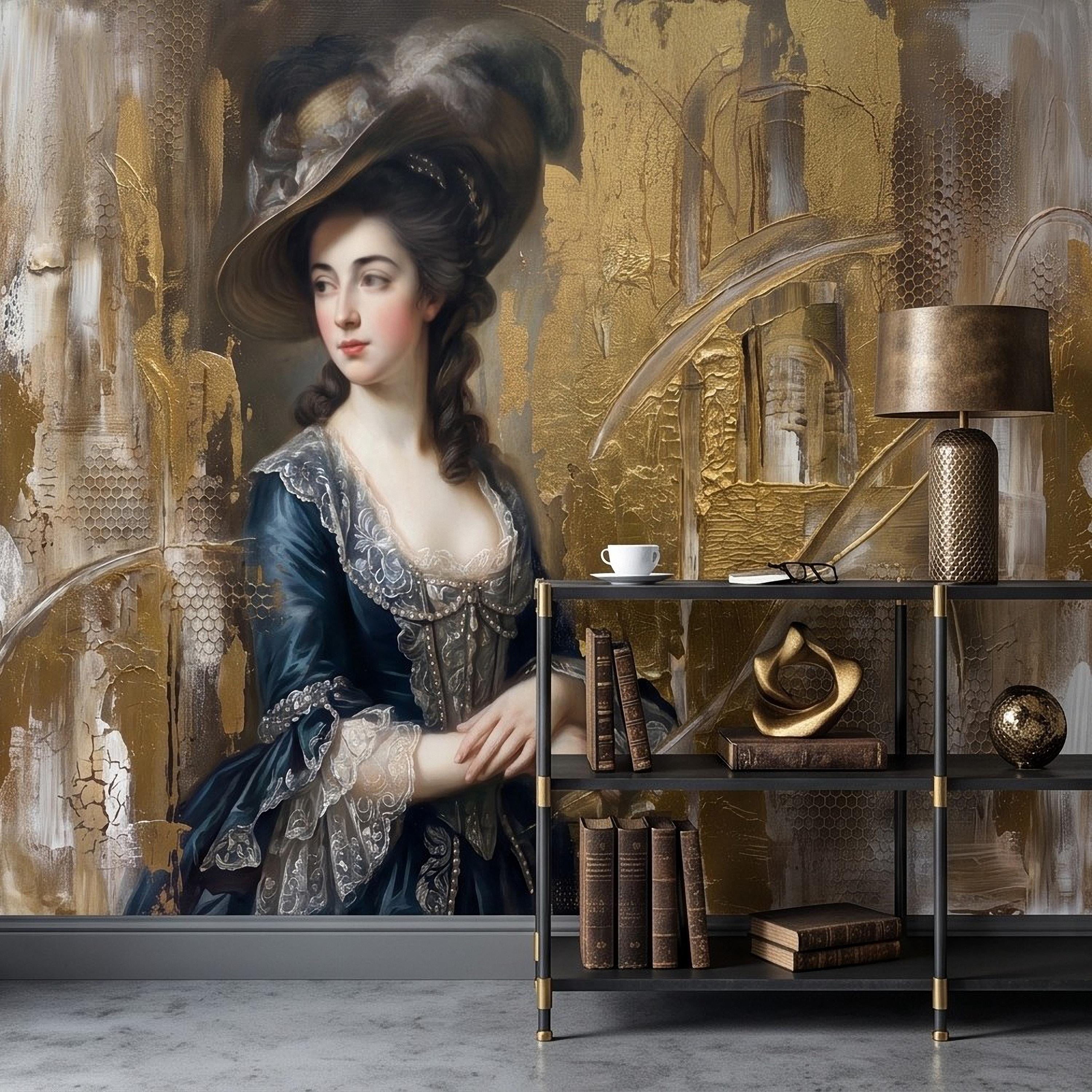 Vintage Portrait Peel and Stick Wall Mural, Elegant Victorian Lady Abstract Gold Accent Mixed Media Classic Wallpaper
