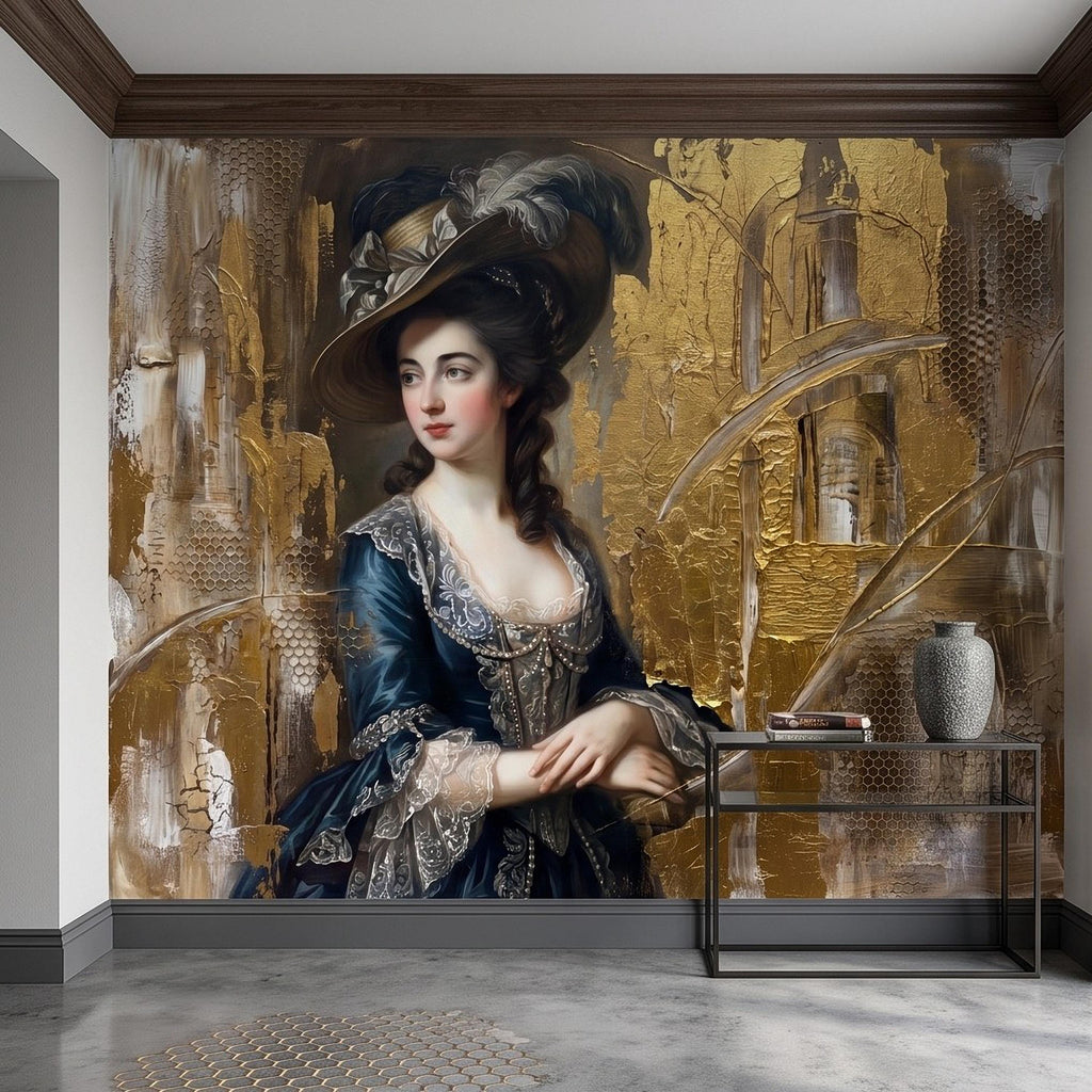 Vintage Portrait Peel and Stick Wall Mural, Elegant Victorian Lady Abstract Gold Accent Mixed Media Classic Wallpaper