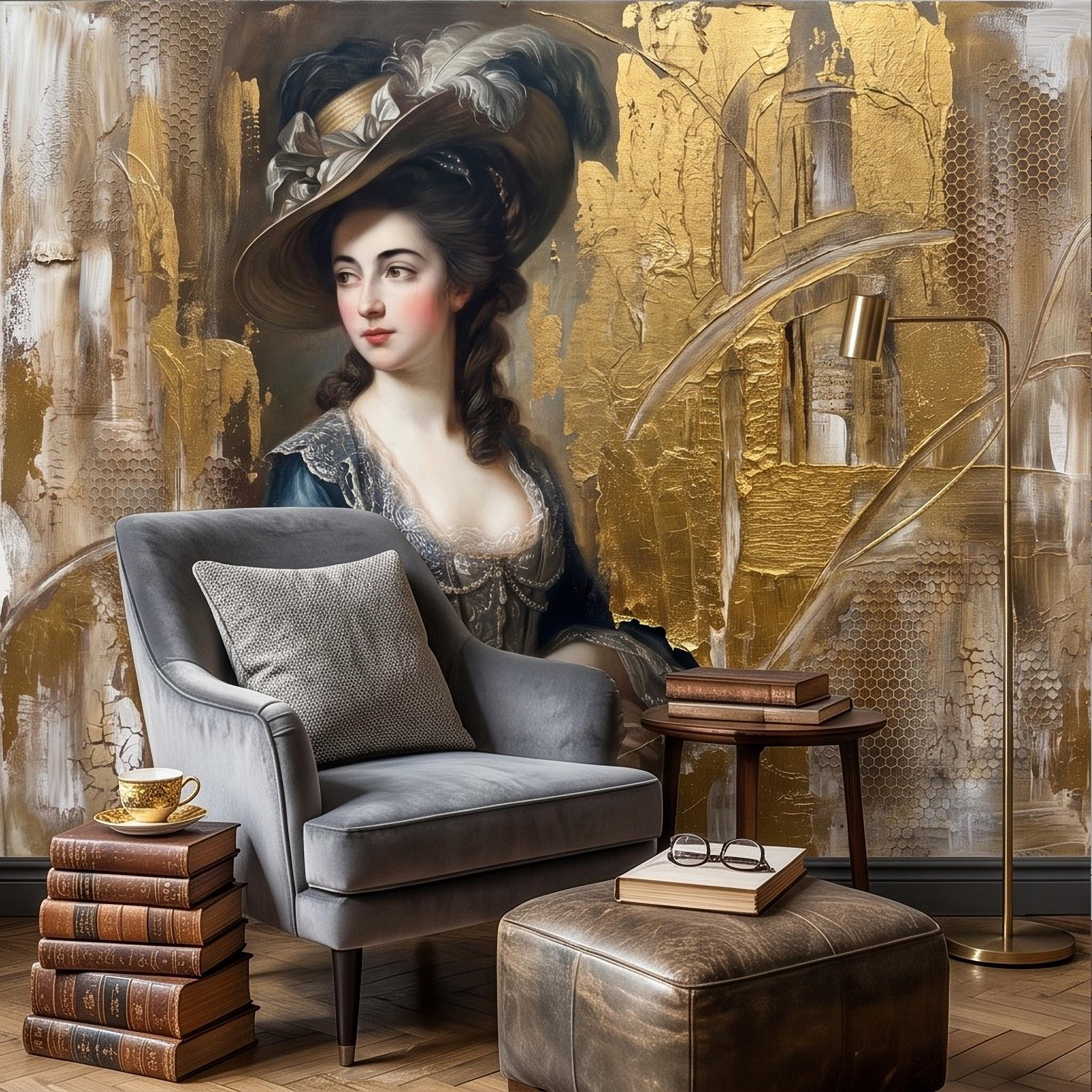 Vintage Portrait Peel and Stick Wall Mural, Elegant Victorian Lady Abstract Gold Accent Mixed Media Classic Wallpaper