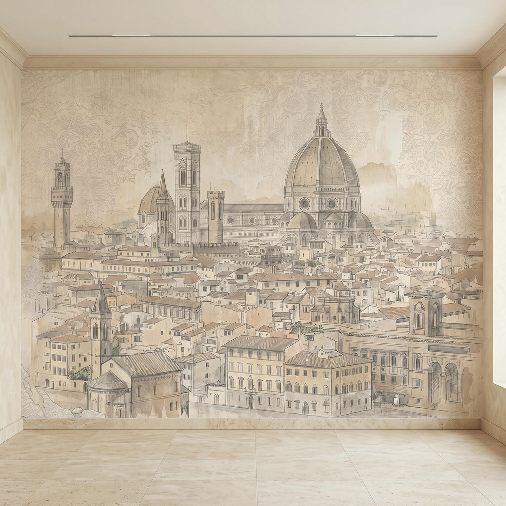 Florence Italy Peel and Stick Wall Mural, Duomo Cathedral Cityscape Vintage Architectural Sketch Tuscan Renaissance Wallpaper