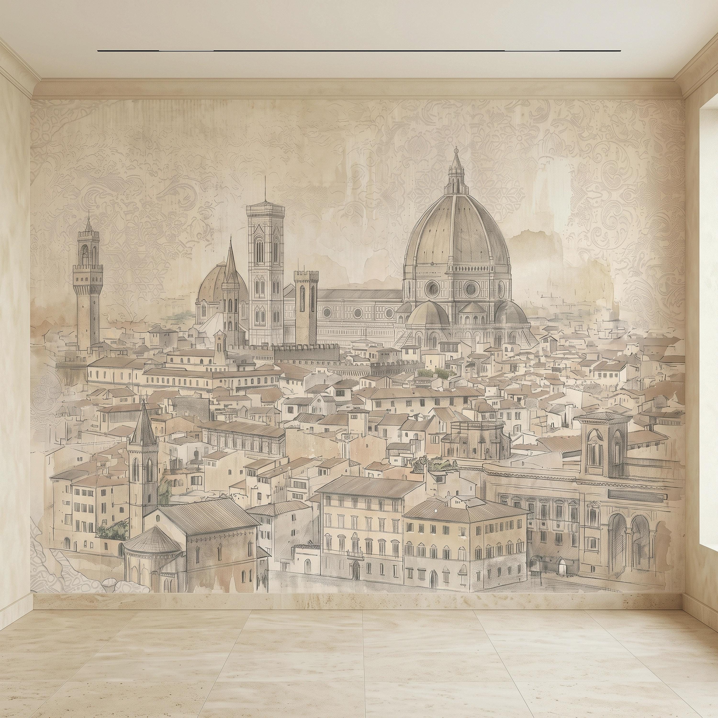 Florence Italy Peel and Stick Wall Mural, Duomo Cathedral Cityscape Vintage Architectural Sketch Tuscan Renaissance Wallpaper