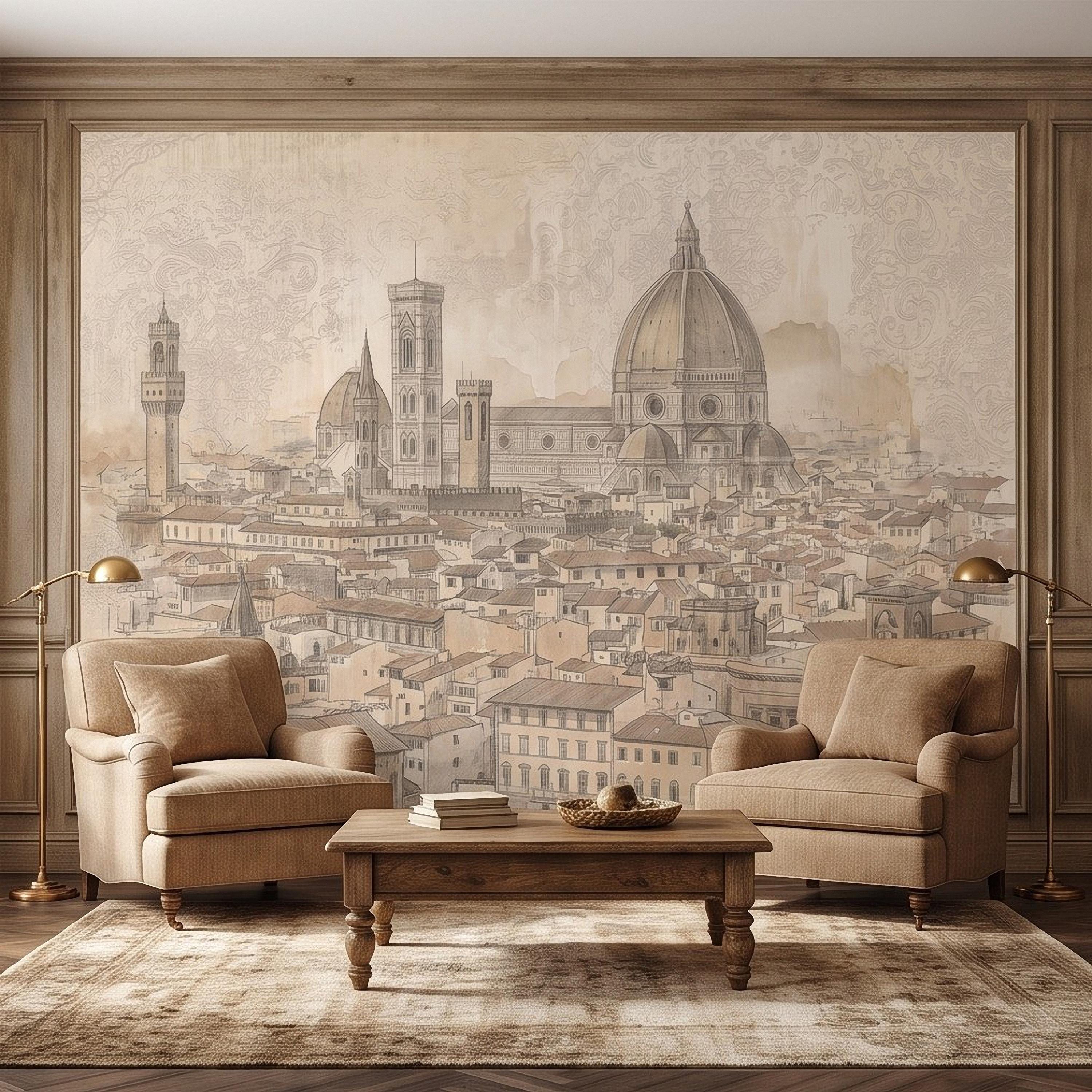 Florence Italy Peel and Stick Wall Mural, Duomo Cathedral Cityscape Vintage Architectural Sketch Tuscan Renaissance Wallpaper