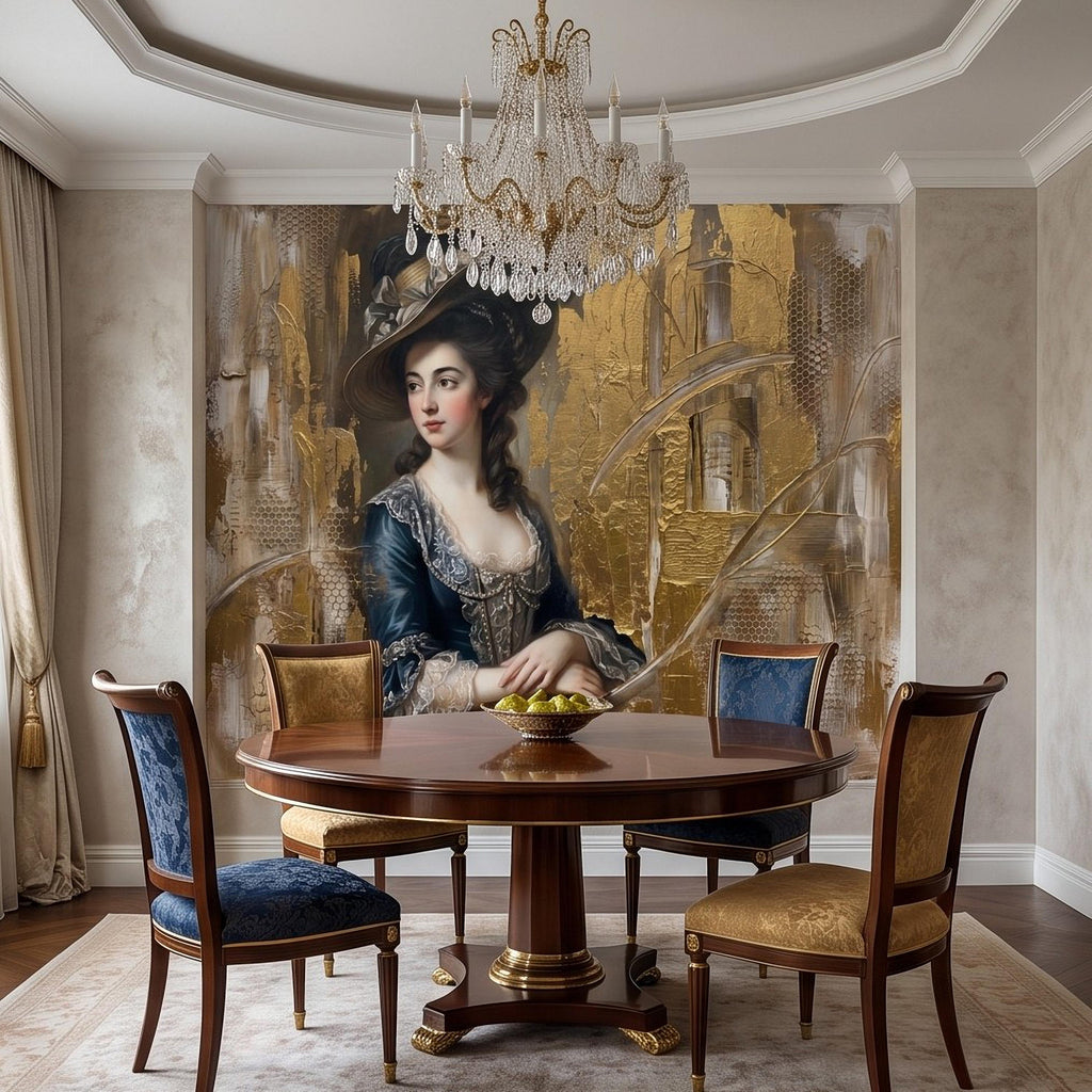 Vintage Portrait Peel and Stick Wall Mural, Elegant Victorian Lady Abstract Gold Accent Mixed Media Classic Wallpaper