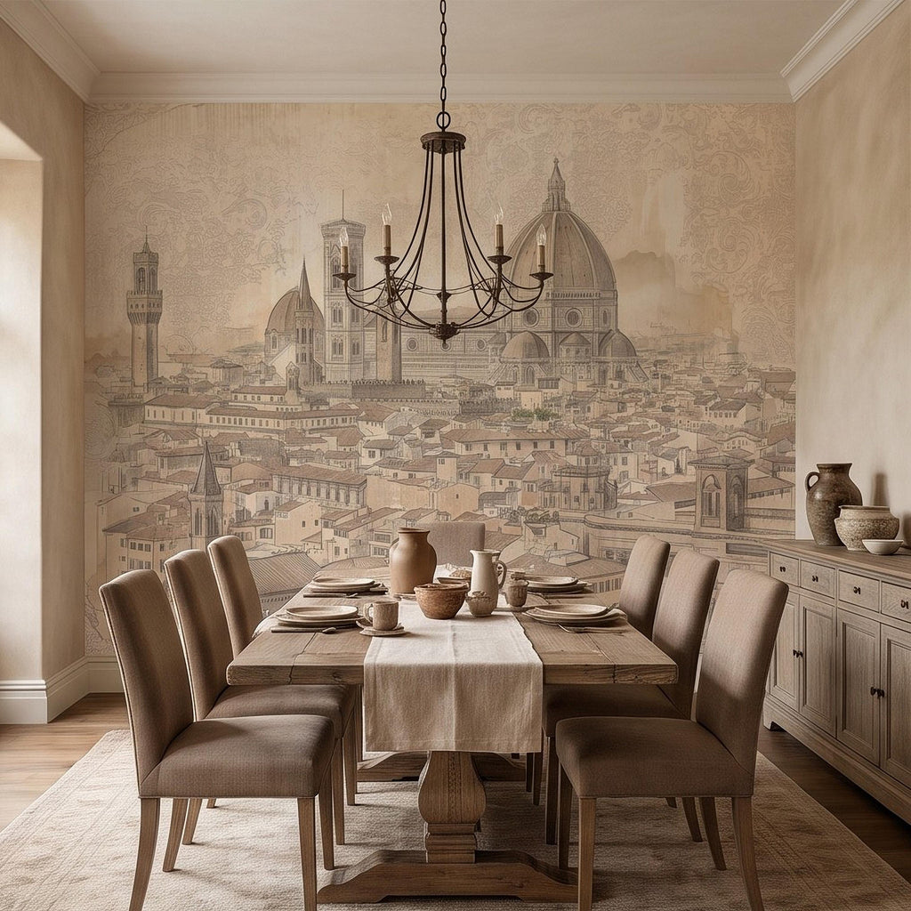 Florence Italy Peel and Stick Wall Mural, Duomo Cathedral Cityscape Vintage Architectural Sketch Tuscan Renaissance Wallpaper