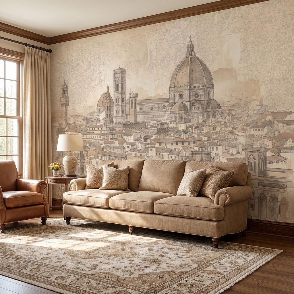 Florence Italy Peel and Stick Wall Mural, Duomo Cathedral Cityscape Vintage Architectural Sketch Tuscan Renaissance Wallpaper
