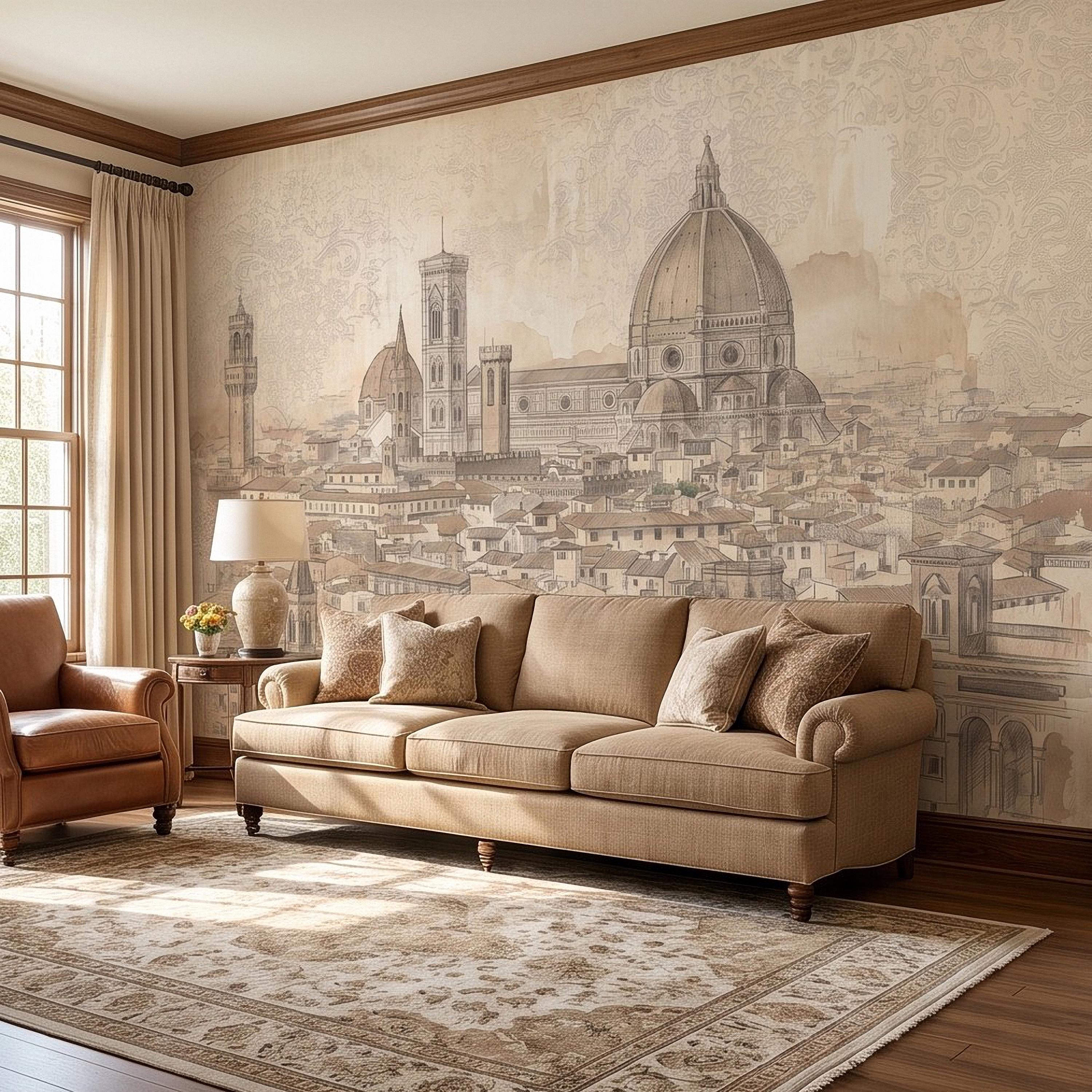 Florence Italy Peel and Stick Wall Mural, Duomo Cathedral Cityscape Vintage Architectural Sketch Tuscan Renaissance Wallpaper