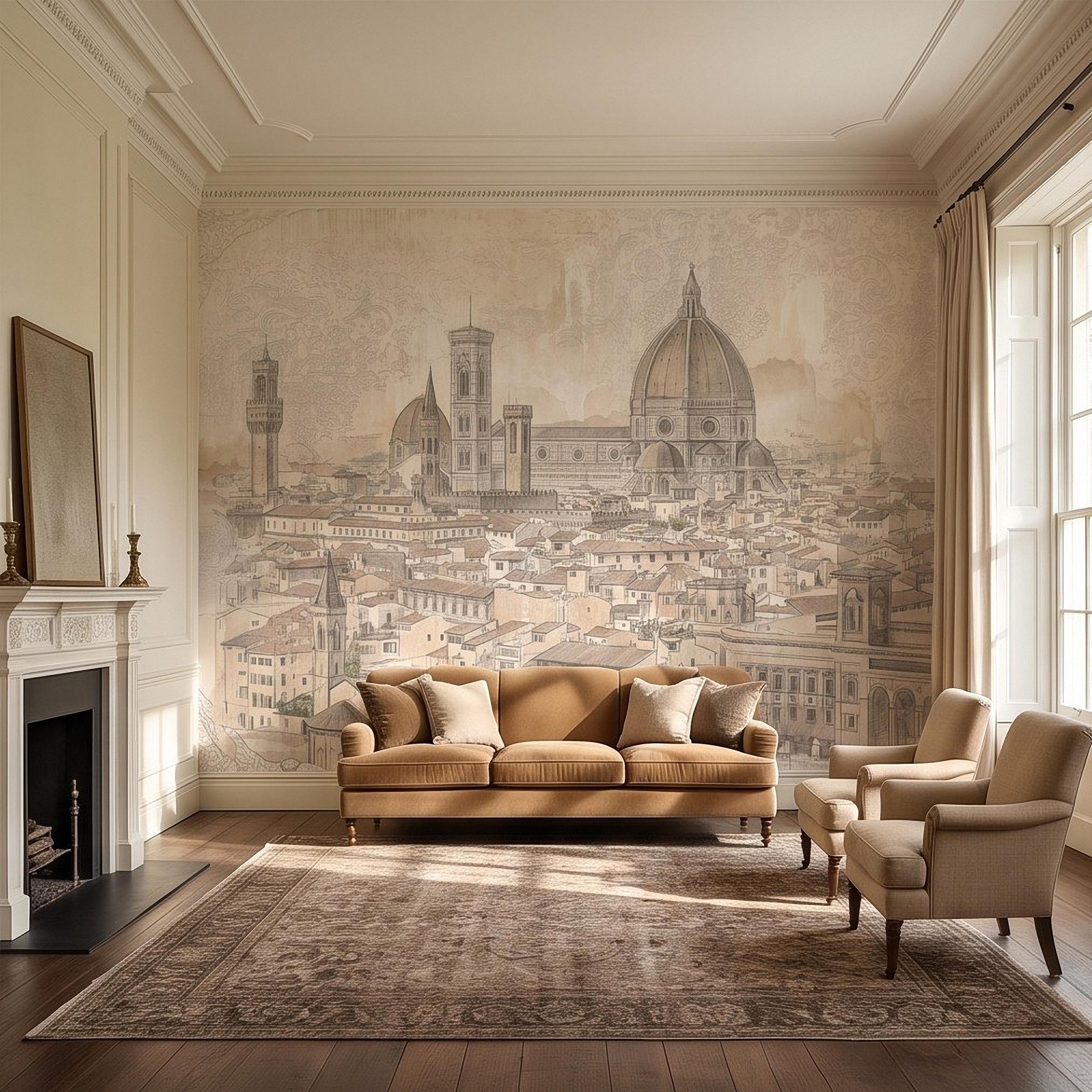 Florence Italy Peel and Stick Wall Mural, Duomo Cathedral Cityscape Vintage Architectural Sketch Tuscan Renaissance Wallpaper