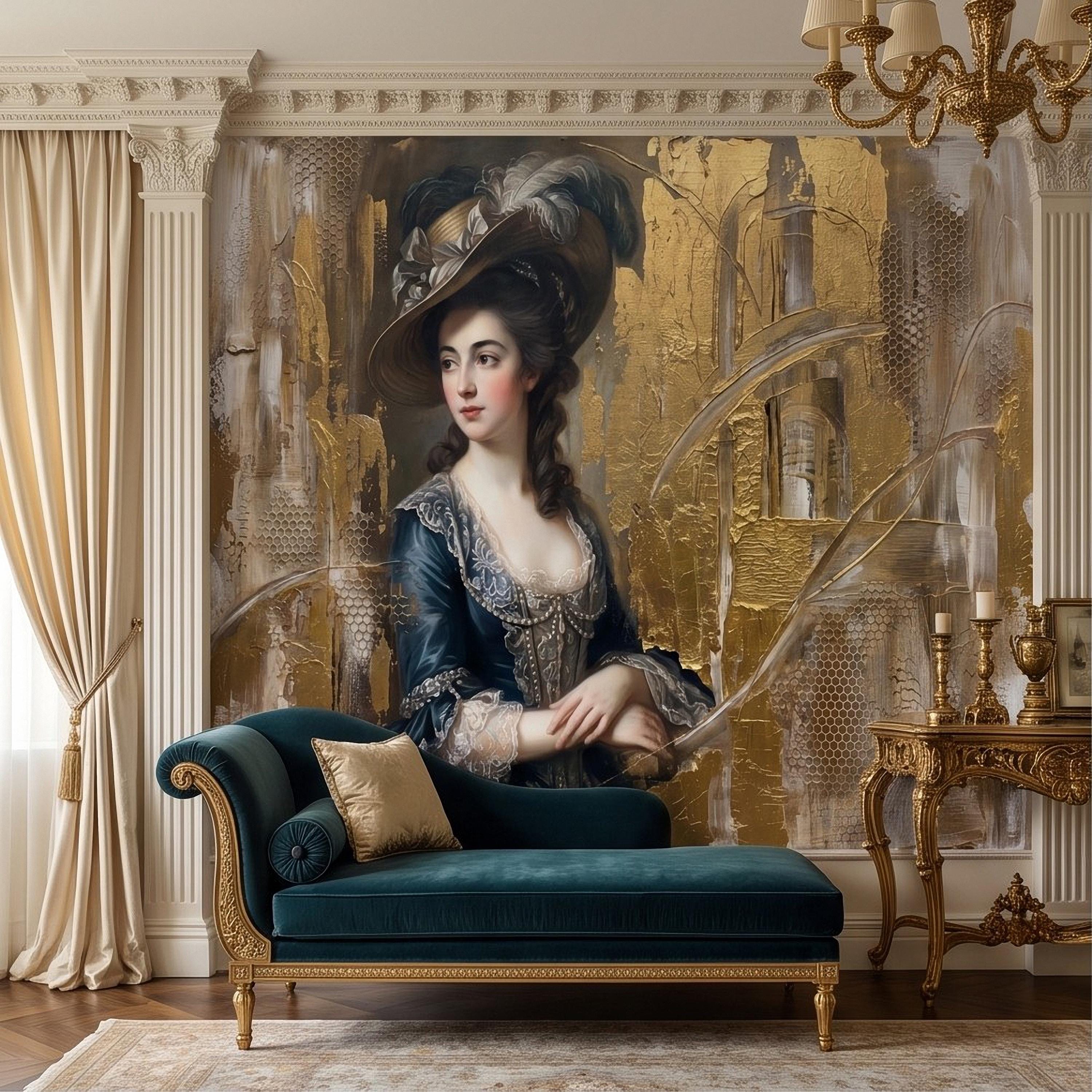 Vintage Portrait Peel and Stick Wall Mural, Elegant Victorian Lady Abstract Gold Accent Mixed Media Classic Wallpaper