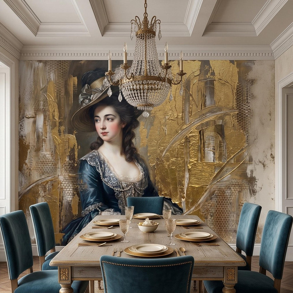 Vintage Portrait Peel and Stick Wall Mural, Elegant Victorian Lady Abstract Gold Accent Mixed Media Classic Wallpaper