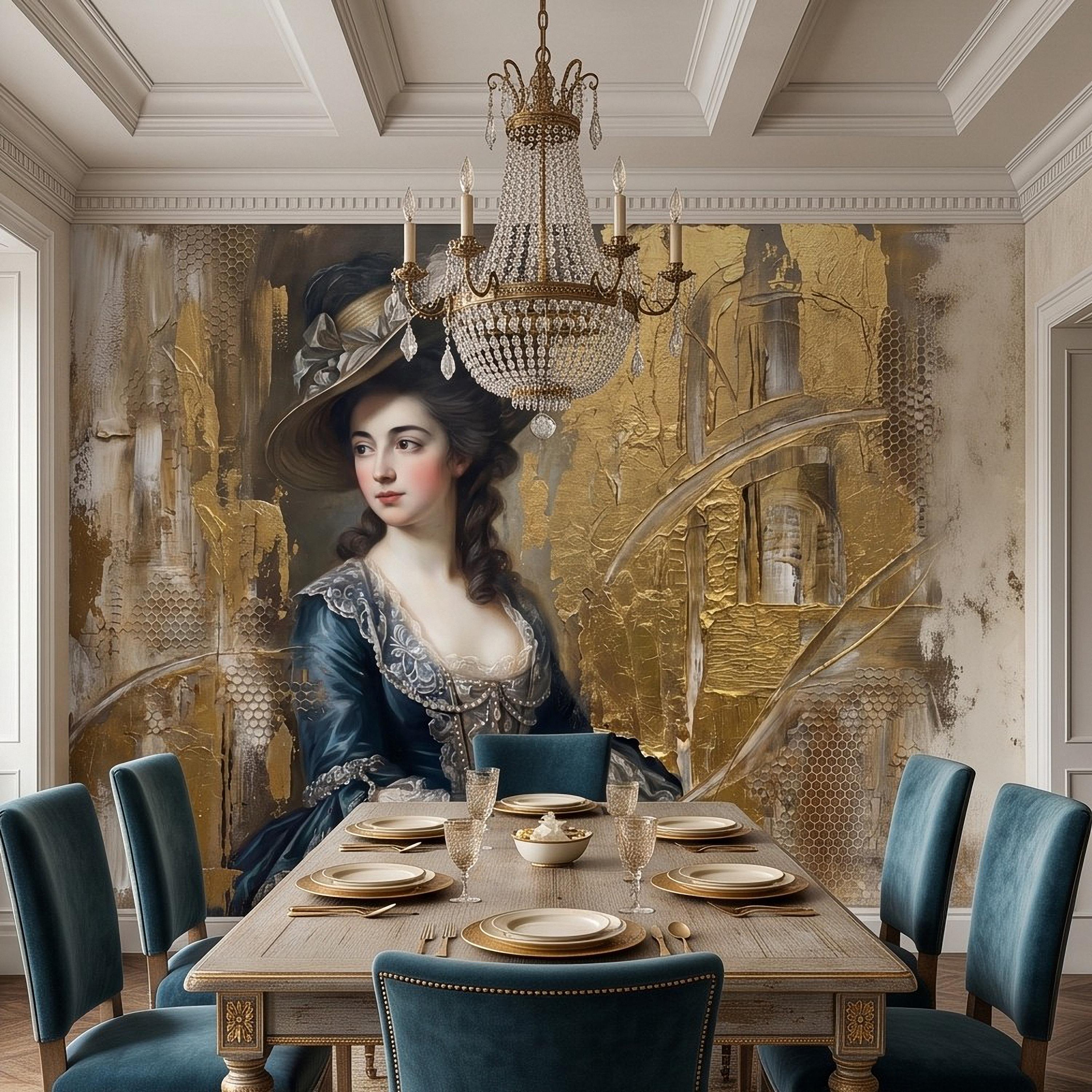 Vintage Portrait Peel and Stick Wall Mural, Elegant Victorian Lady Abstract Gold Accent Mixed Media Classic Wallpaper