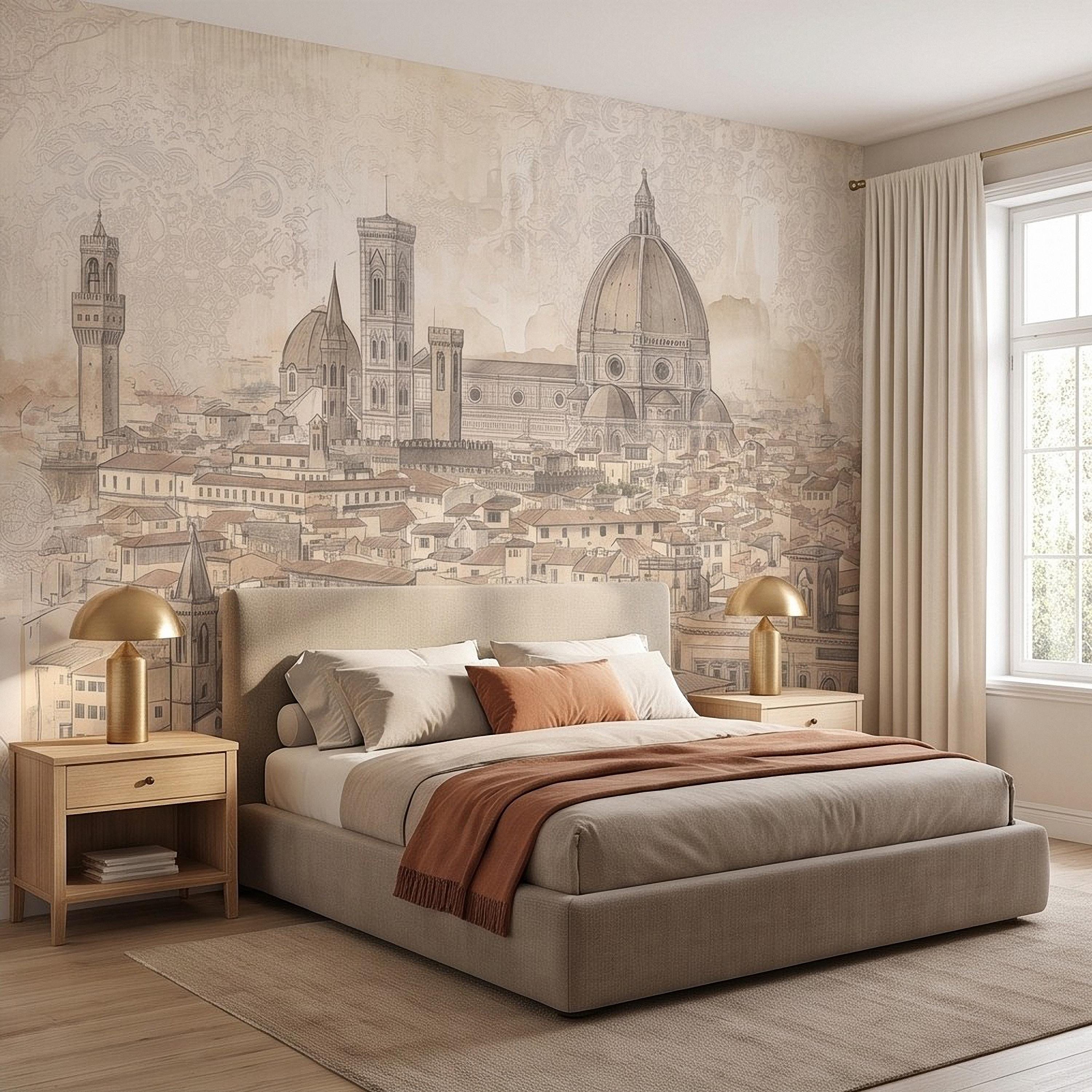 Florence Italy Peel and Stick Wall Mural, Duomo Cathedral Cityscape Vintage Architectural Sketch Tuscan Renaissance Wallpaper