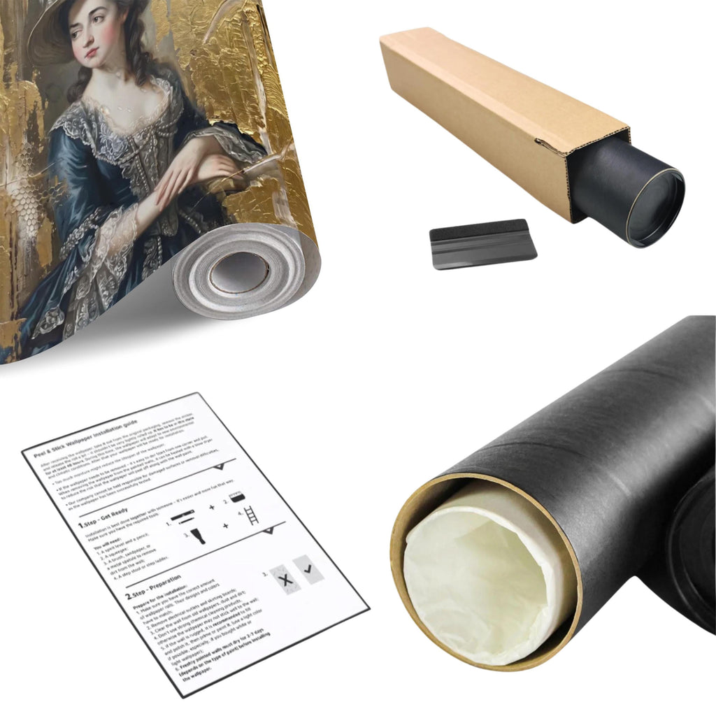 Vintage Portrait Peel and Stick Wall Mural, Elegant Victorian Lady Abstract Gold Accent Mixed Media Classic Wallpaper