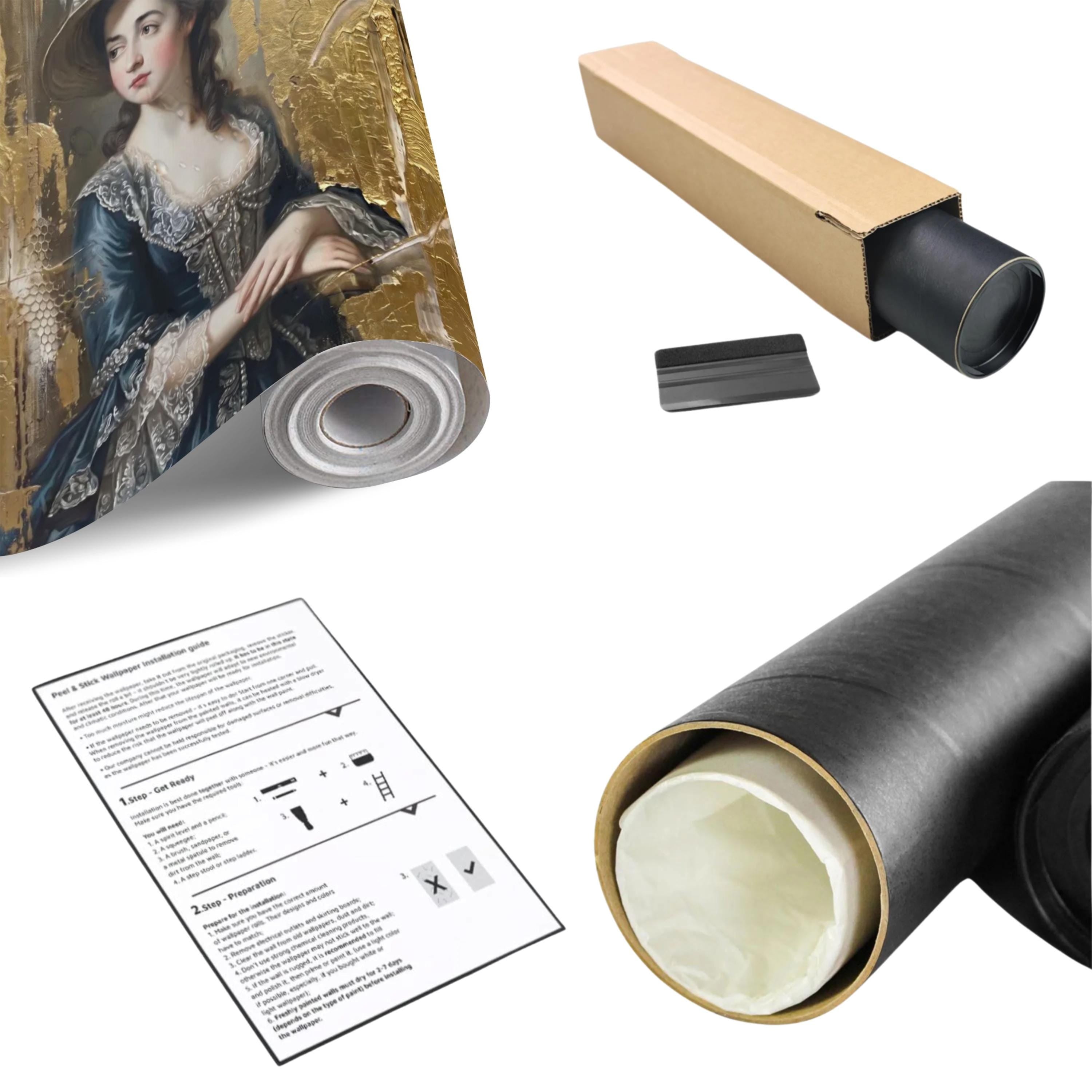 Vintage Portrait Peel and Stick Wall Mural, Elegant Victorian Lady Abstract Gold Accent Mixed Media Classic Wallpaper