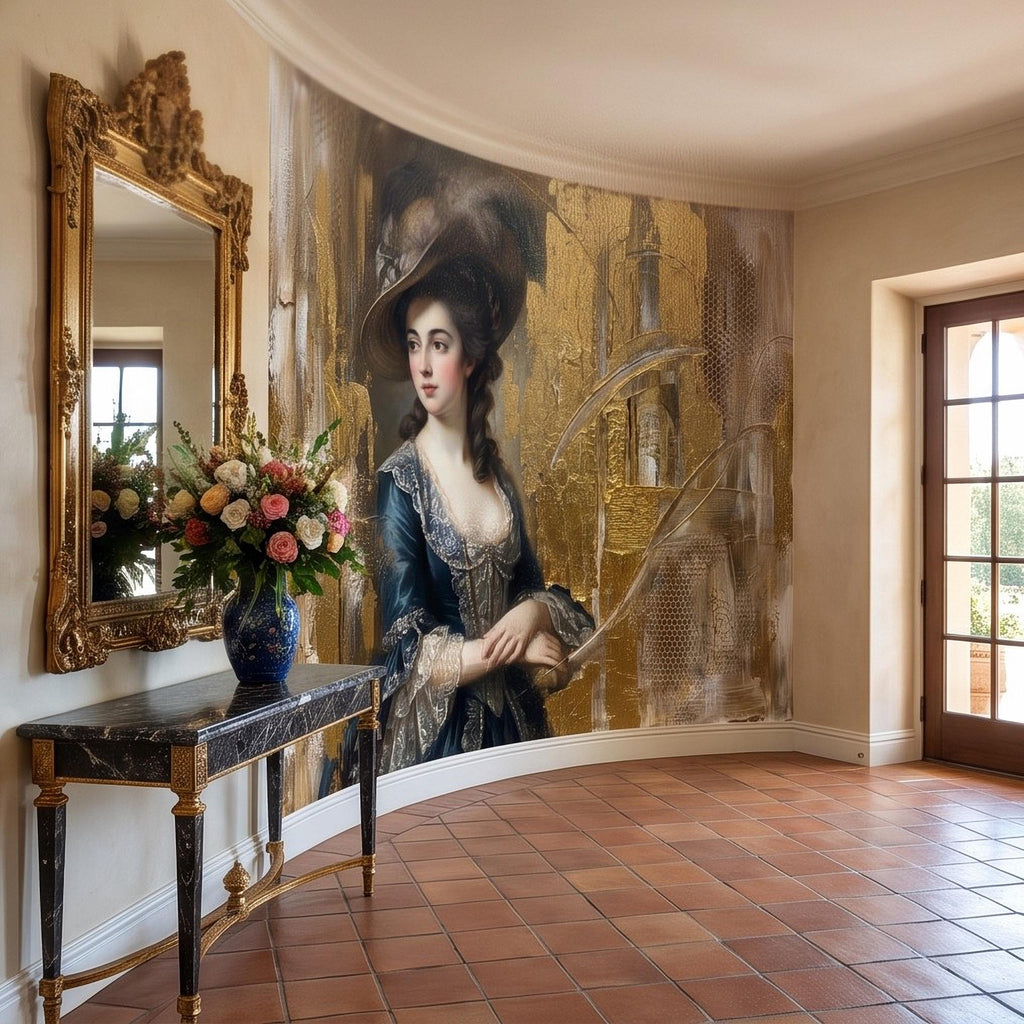 Vintage Portrait Peel and Stick Wall Mural, Elegant Victorian Lady Abstract Gold Accent Mixed Media Classic Wallpaper