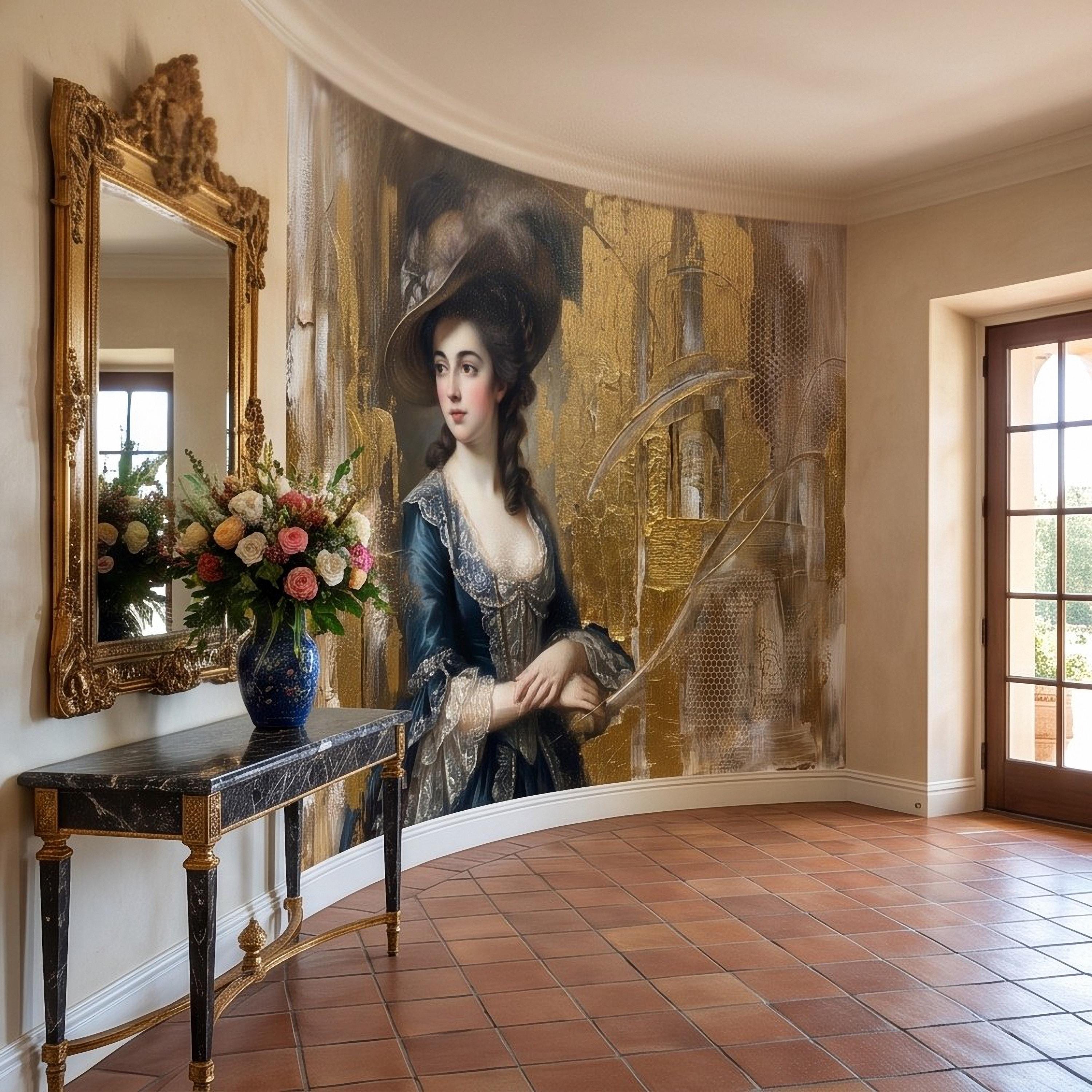 Vintage Portrait Peel and Stick Wall Mural, Elegant Victorian Lady Abstract Gold Accent Mixed Media Classic Wallpaper