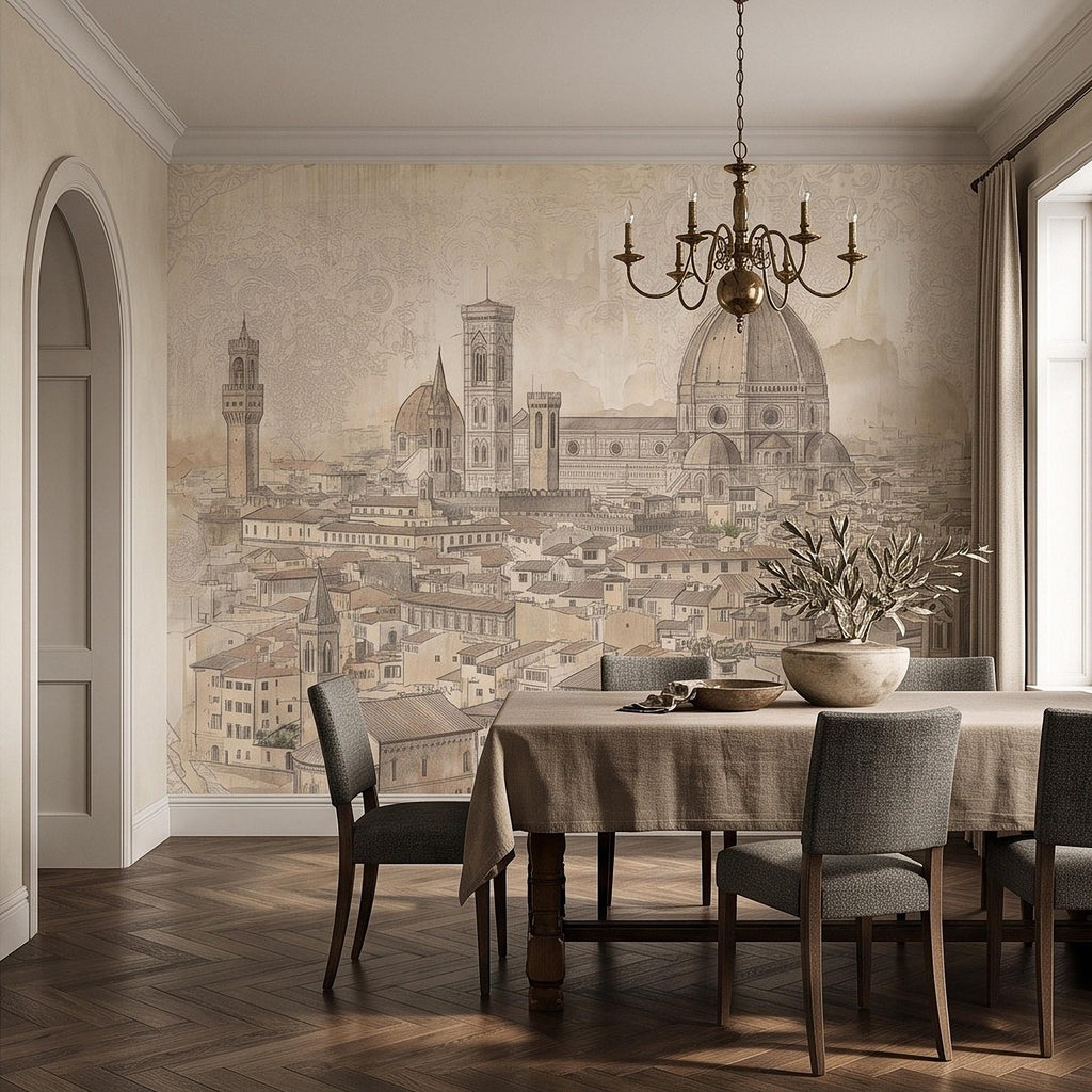 Florence Italy Peel and Stick Wall Mural, Duomo Cathedral Cityscape Vintage Architectural Sketch Tuscan Renaissance Wallpaper