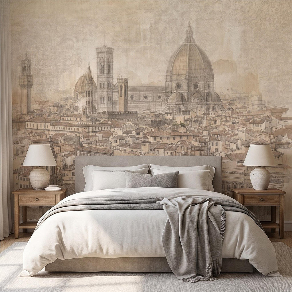 Florence Italy Peel and Stick Wall Mural, Duomo Cathedral Cityscape Vintage Architectural Sketch Tuscan Renaissance Wallpaper