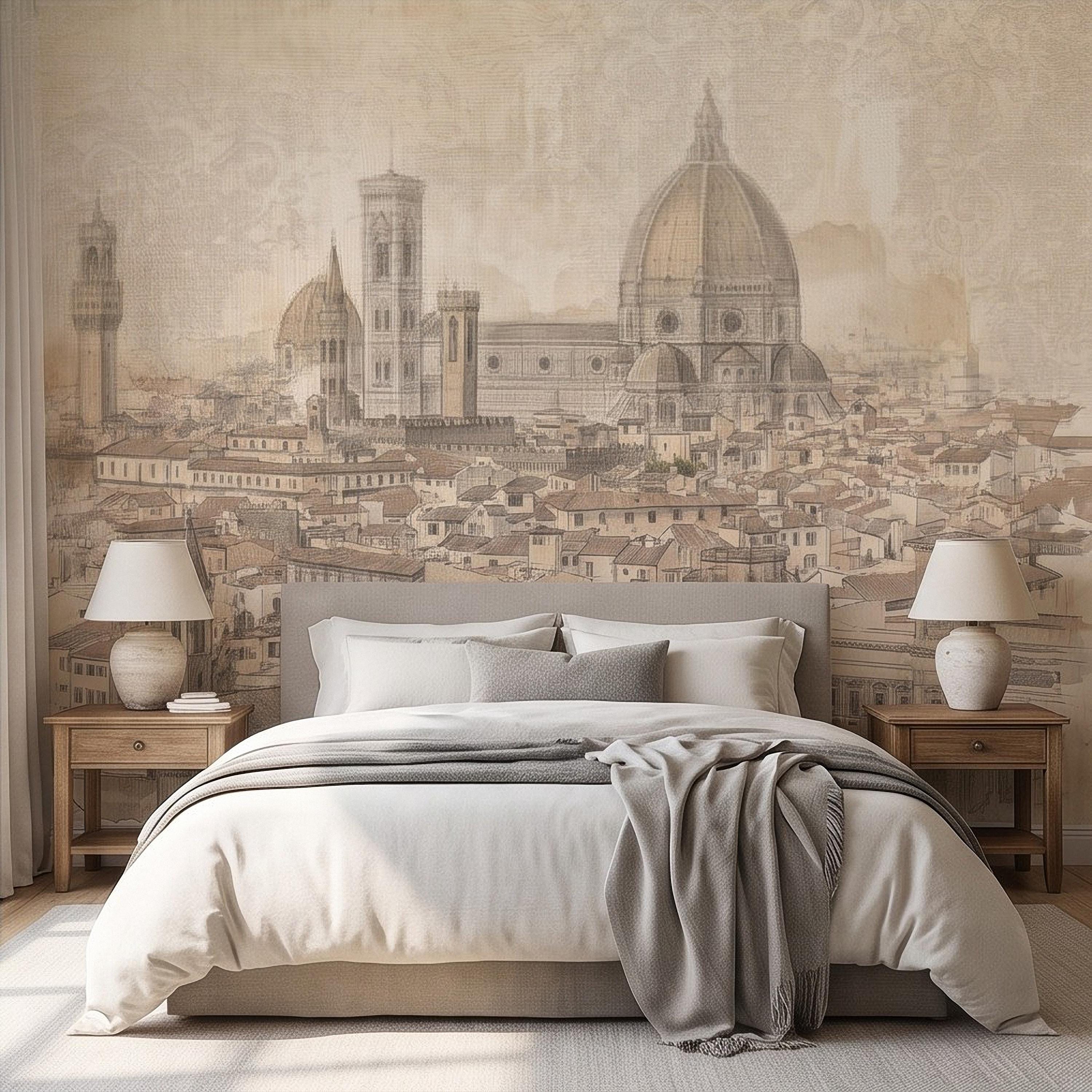 Florence Italy Peel and Stick Wall Mural, Duomo Cathedral Cityscape Vintage Architectural Sketch Tuscan Renaissance Wallpaper