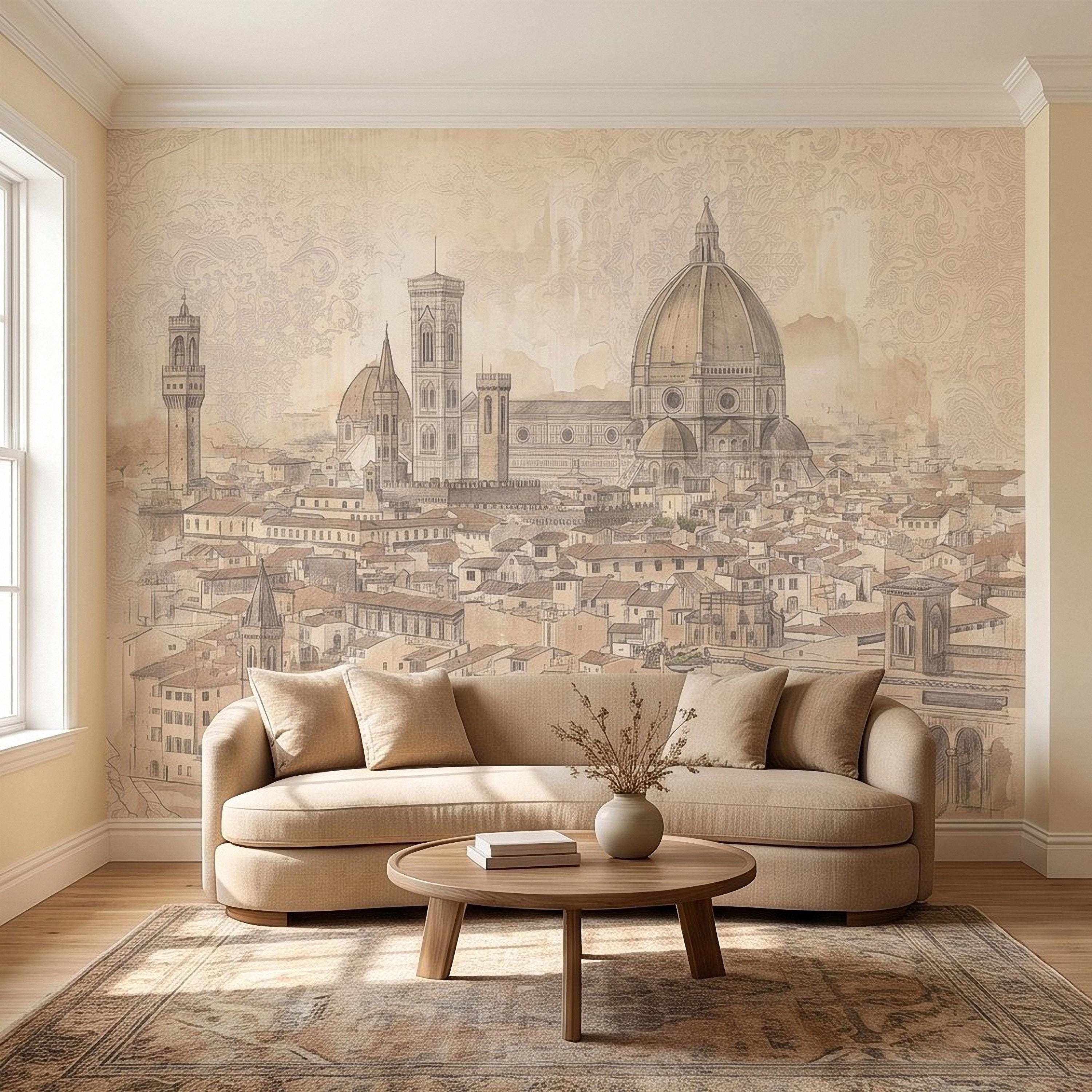 Florence Italy Peel and Stick Wall Mural, Duomo Cathedral Cityscape Vintage Architectural Sketch Tuscan Renaissance Wallpaper