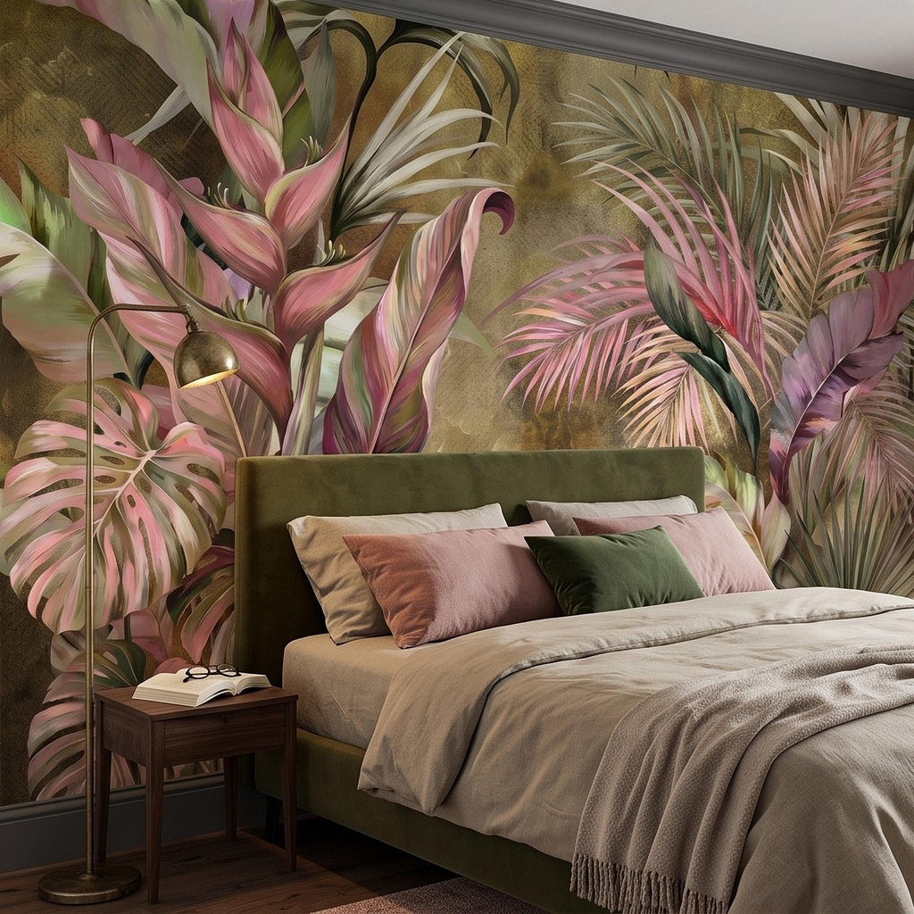 Tropical Botanical Peel and Stick Wall Mural, Monstera Palm Leaves Blush Pink Foliage Olive Green Lush Exotic Wallpaper