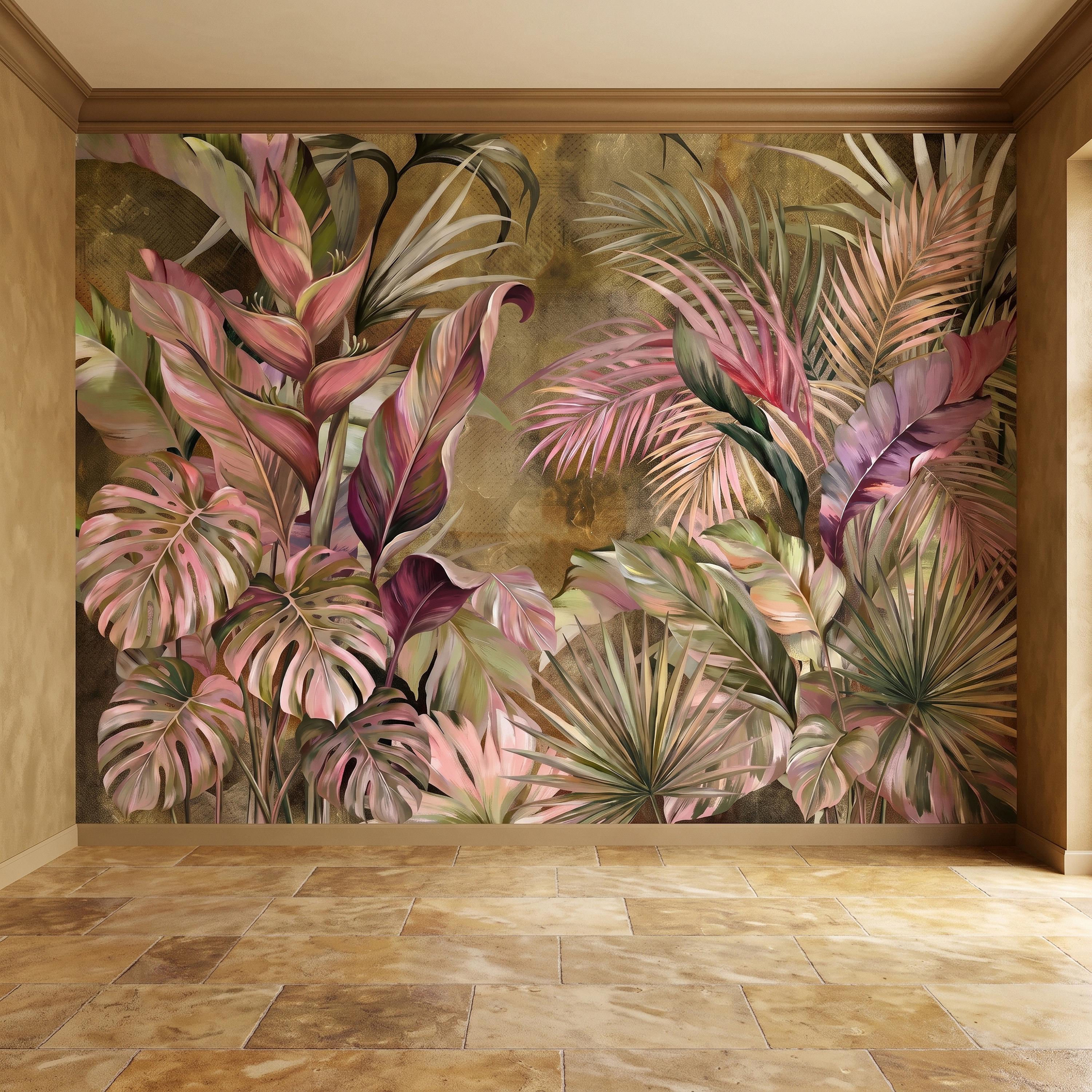 Tropical Botanical Peel and Stick Wall Mural, Monstera Palm Leaves Blush Pink Foliage Olive Green Lush Exotic Wallpaper