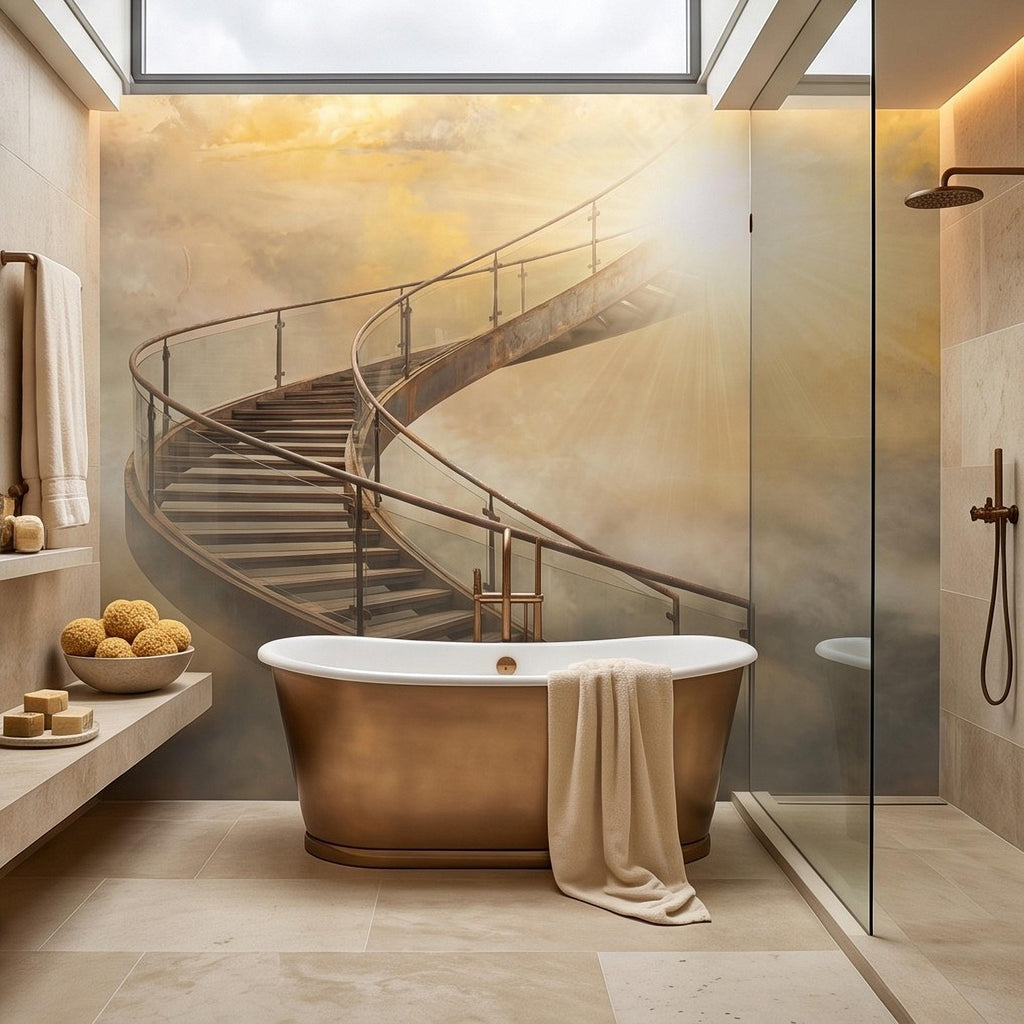Stairway to Heaven Peel and Stick Wall Mural, Golden Clouds Heavenly Light Spiritual Sky Dreamscape Fantasy Wallpaper