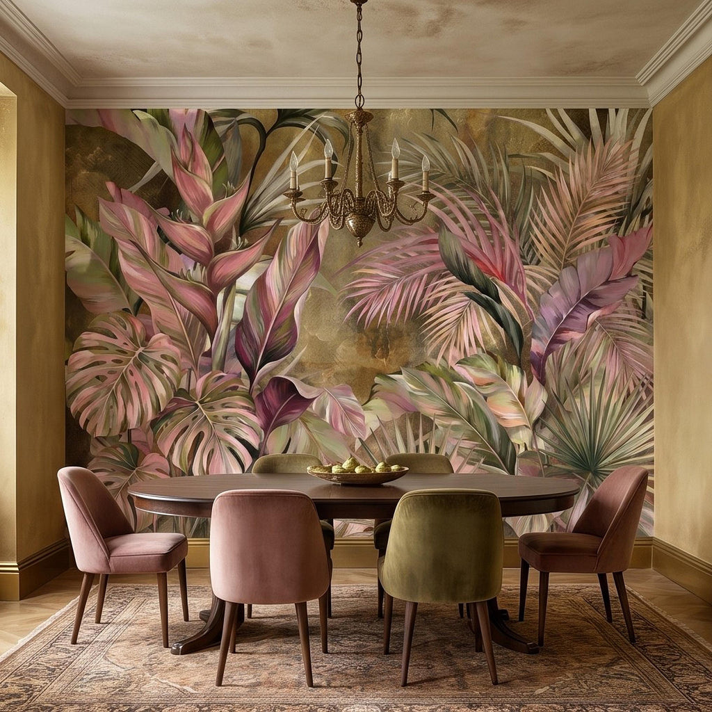 Tropical Botanical Peel and Stick Wall Mural, Monstera Palm Leaves Blush Pink Foliage Olive Green Lush Exotic Wallpaper